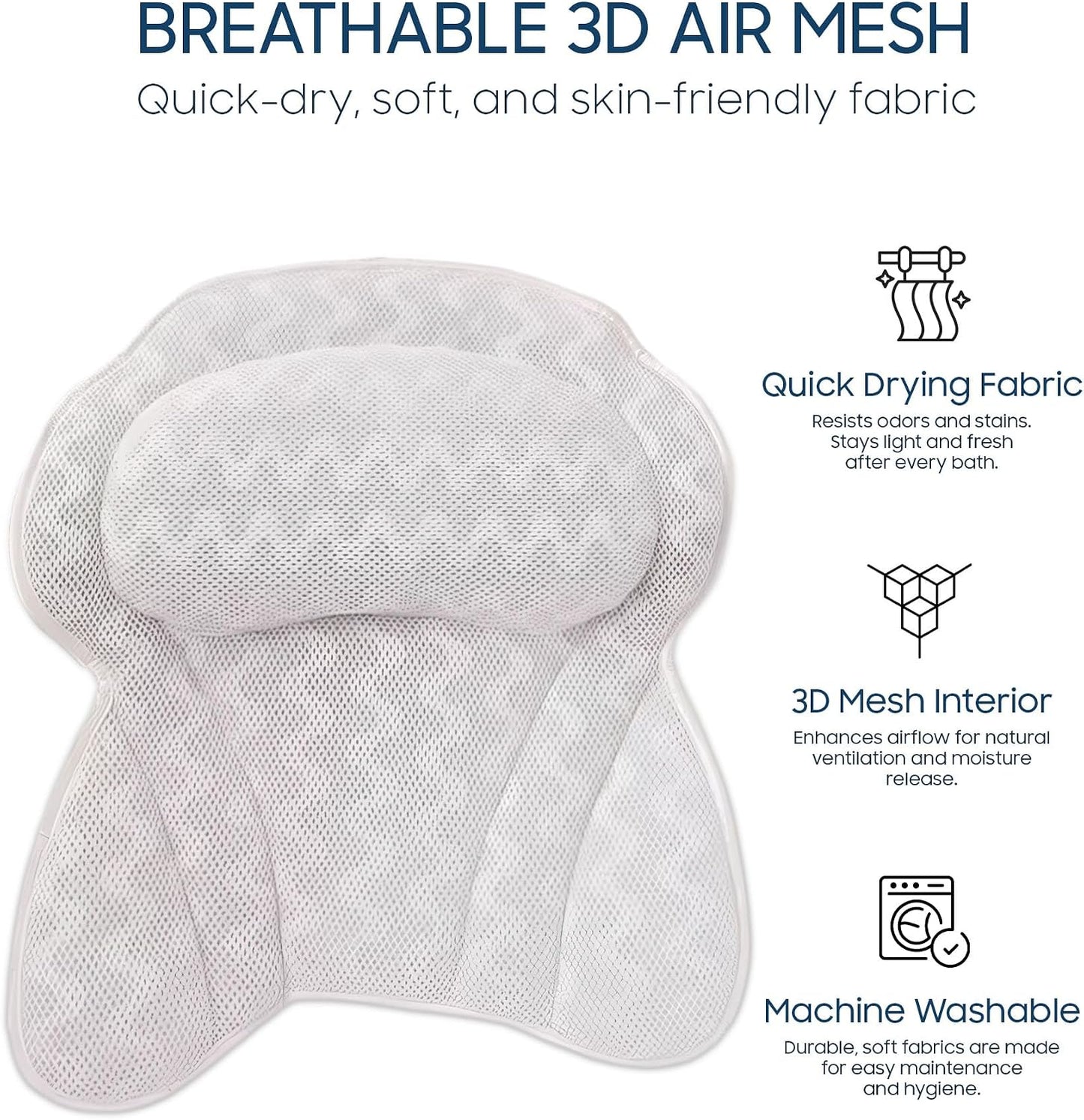 ADOV Luxury Bath Pillow, Non-Slip Comfortable Bathtub Pillow with 6 Suction Cups, Ergonomic 4D Air Mesh Headrest Cushion for Head, Shoulder, Neck and Back Support Home Spa Hot Tub Jacuzzi