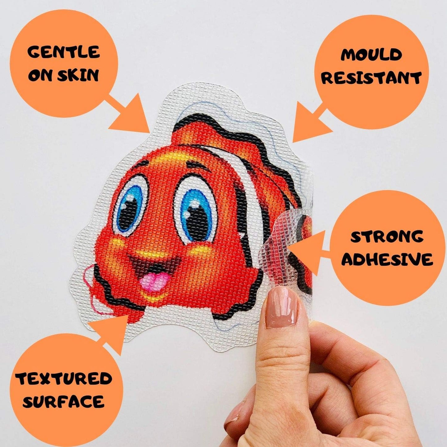 Non Slip Bath Mat Stickers - Modern fun Stylish Alternative to Rubber Suction Mat - Strong Adhesive Textured Stick on Anti Skid safety Treads for Baby Toddler Child - SLIPS AWAY® (5x Clara Clownfish)