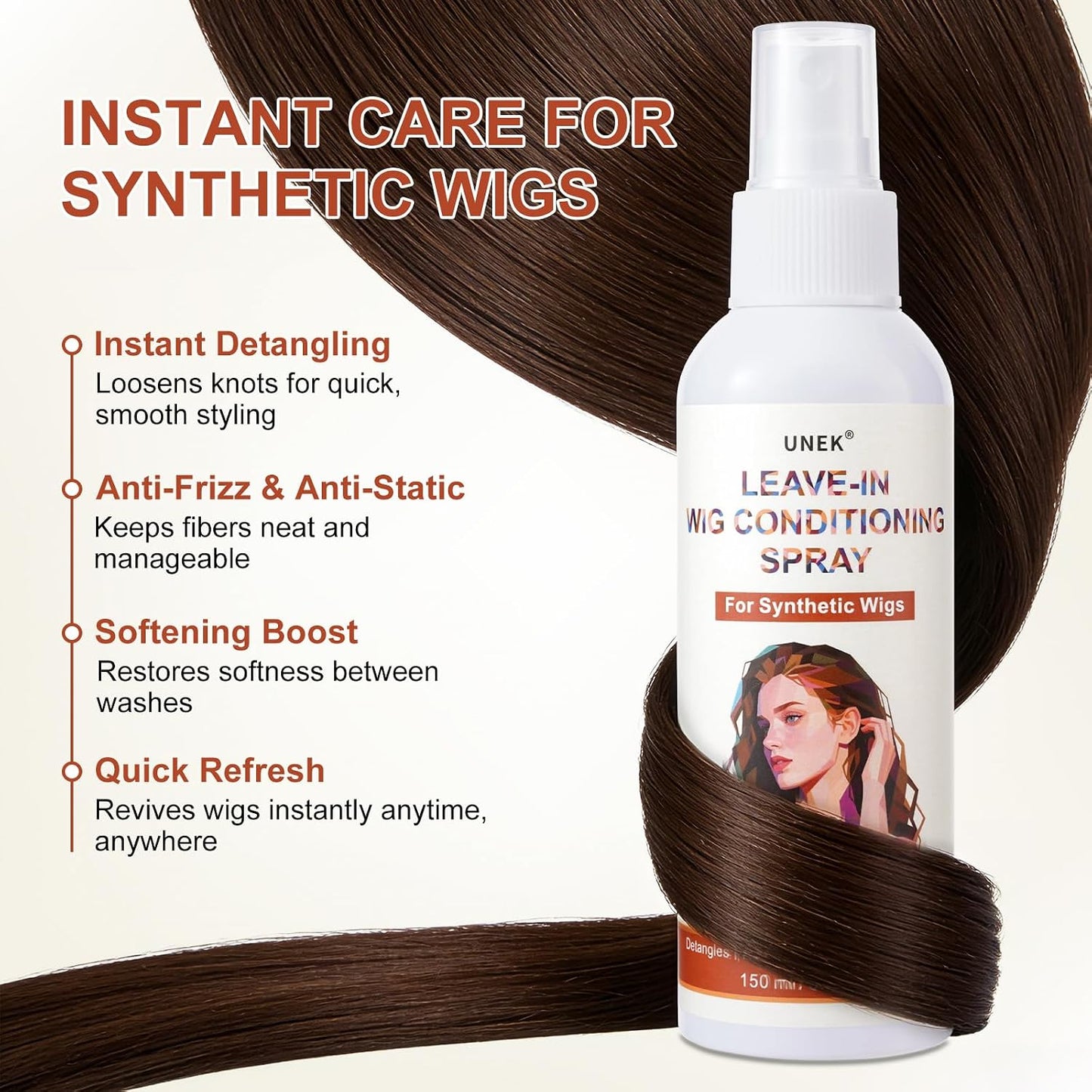 UNEK Leave-in Synthetic Wig Care Spray - Instant Detangling & Frizz Control, Quick Refresh Anytime, Easy Care No Rinse - 150ml
