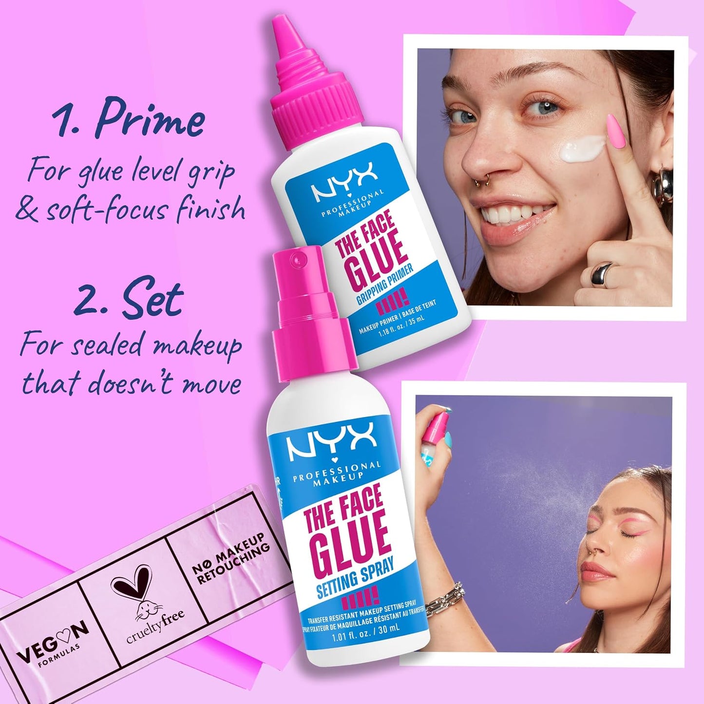 NYX Professional Makeup Primer, The Face Glue Primer, Gripping Primer for Face, Up to 24 Hour Hydration and Makeup Wear, Polyglutamic Acid, Non-Comedogenic, 35ml