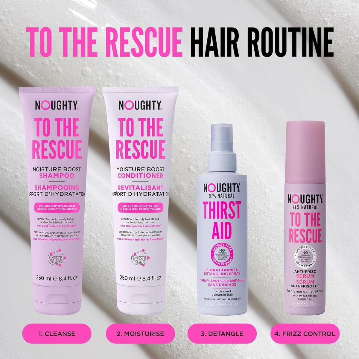 Noughty 97% Natural Thirst Aid Conditioning & Detangling Spray, for Dry, Damaged Hair, Prevent Split Ends & Hair Breakage, Anti Frizz, Leave-in Detangler Spray, Sulphate Free Haircare, 2 x 200ml