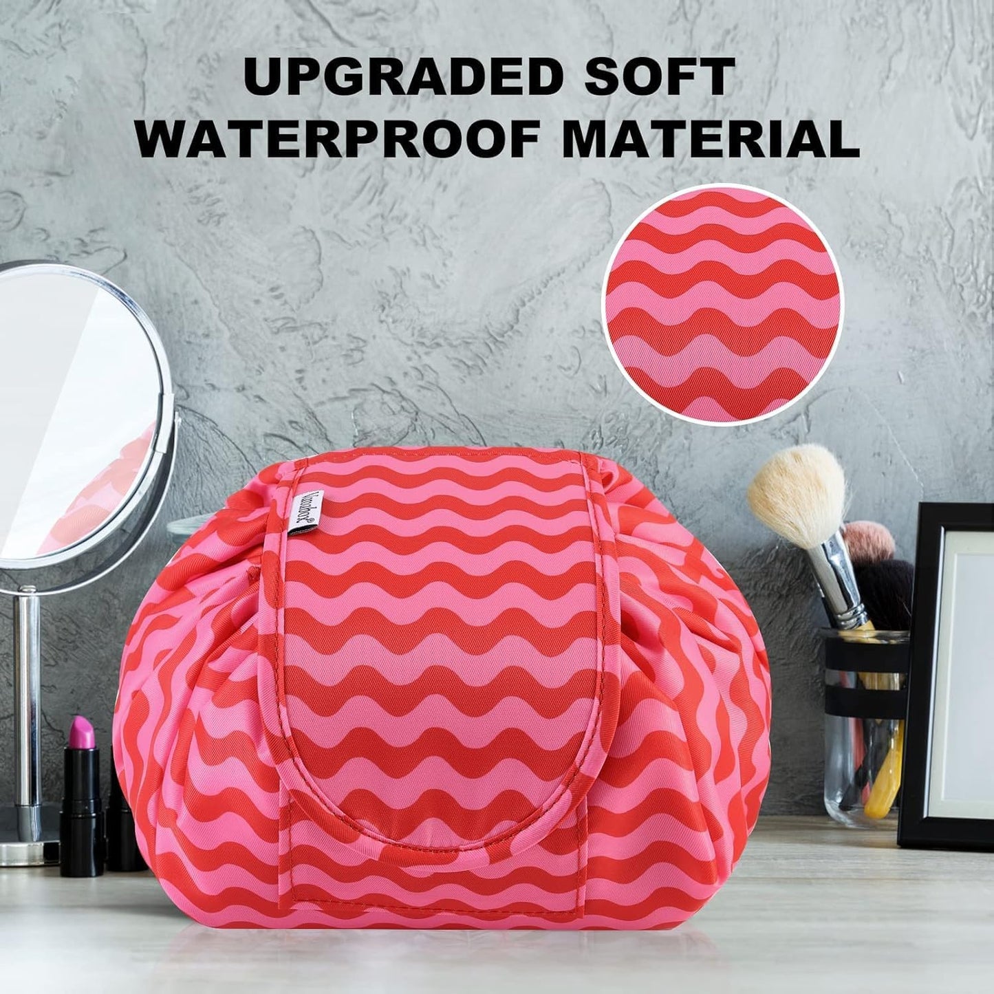 Lazy Drawstring Makeup Bags, Large Capacity Waterproof Travel Portable Cosmetic Bag Pouch Makeup Pouch Storage Organiser for Women Girl (Red Wave)