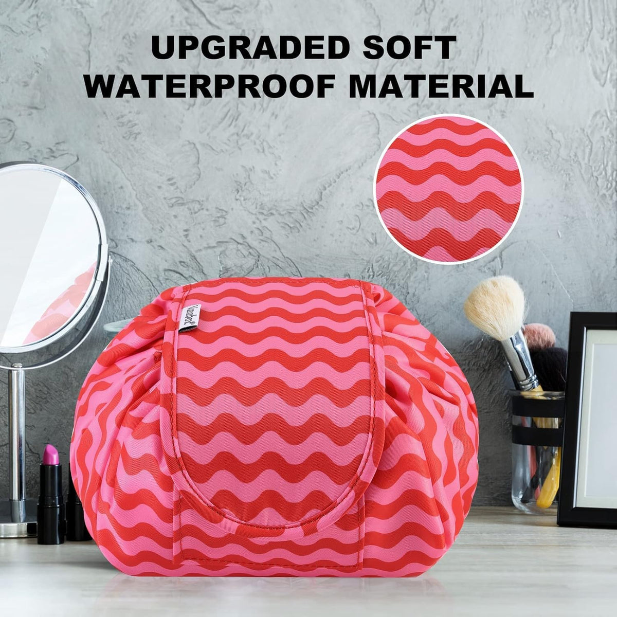 Lazy Drawstring Makeup Bags, Large Capacity Waterproof Travel Portable Cosmetic Bag Pouch Makeup Pouch Storage Organiser for Women Girl (Red Wave)