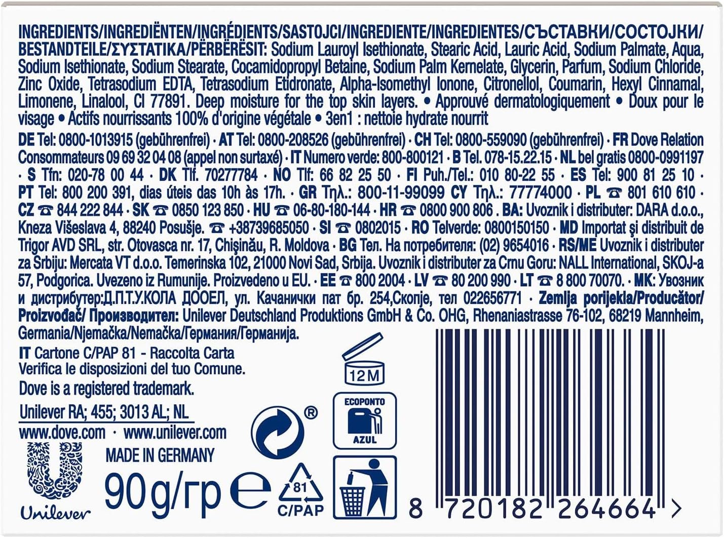 Dove Orginal Beauty Cream Bar 3 in 1 Cleanses, Moisturises and Nourishes Sulphate-Free Bath Soap for Soft and Smooth Skin, Suitable for Daily Use, 8x90g