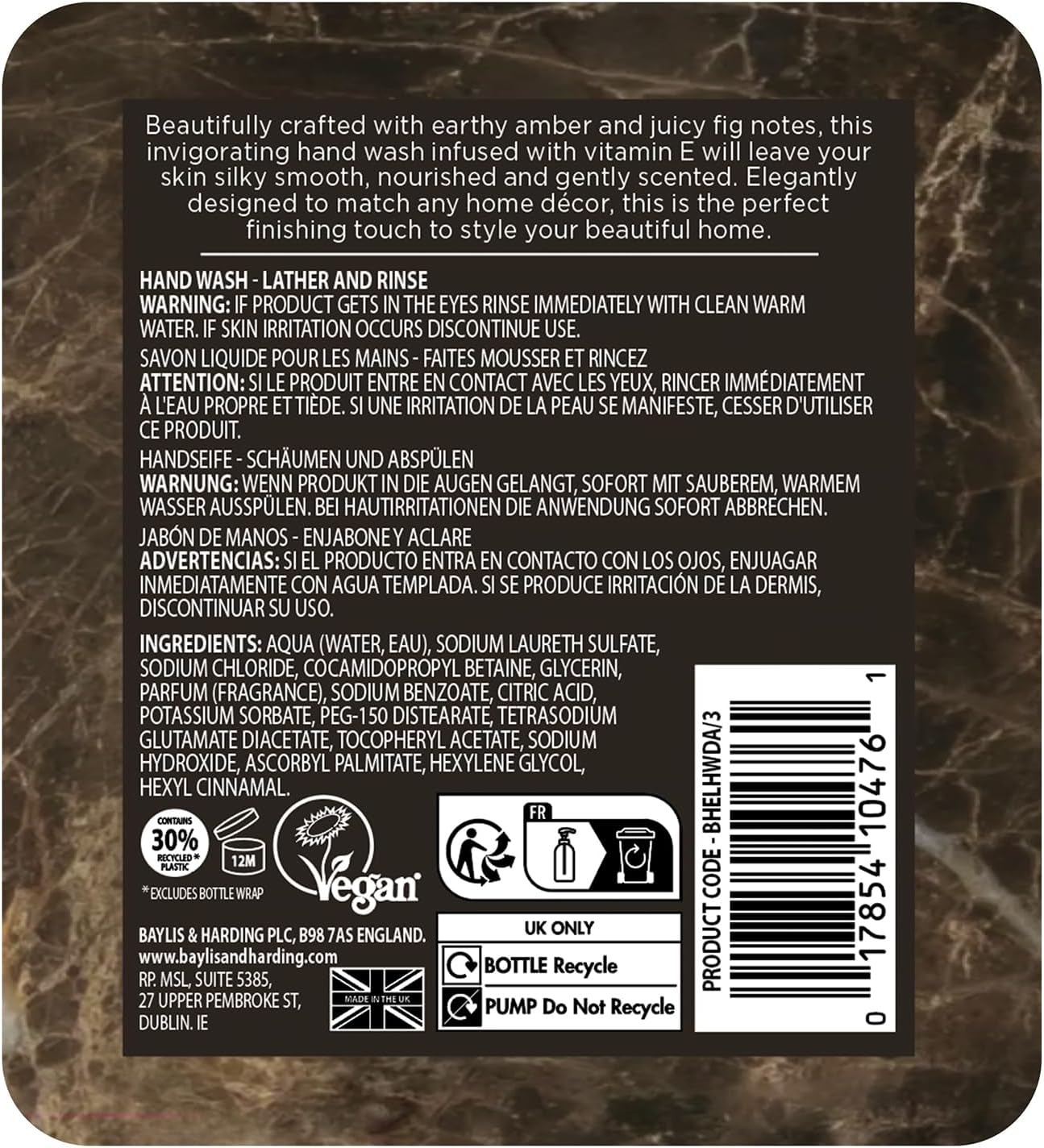 Baylis & Harding Dark Amber & Fig Elements Hand Wash, 500 ml (Pack of 3) - Vegan Friendly