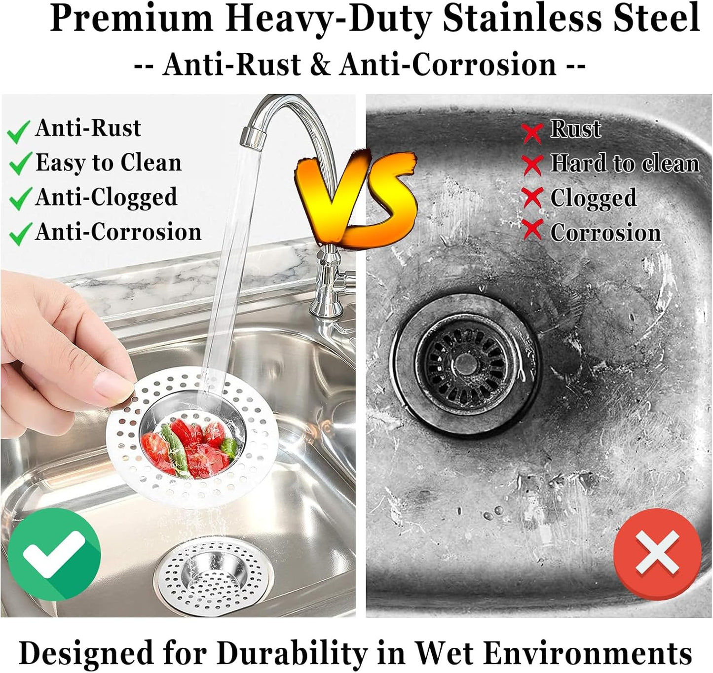 Stainless Steel Kitchen Sink Strainer Plug, Standard Strainer Drain Protector Hair/Food Catcher for Bathroom, Kitchen, Shower (External Diameter 7.6cm, Inner Diameter 4.5cm, Pack of 2)