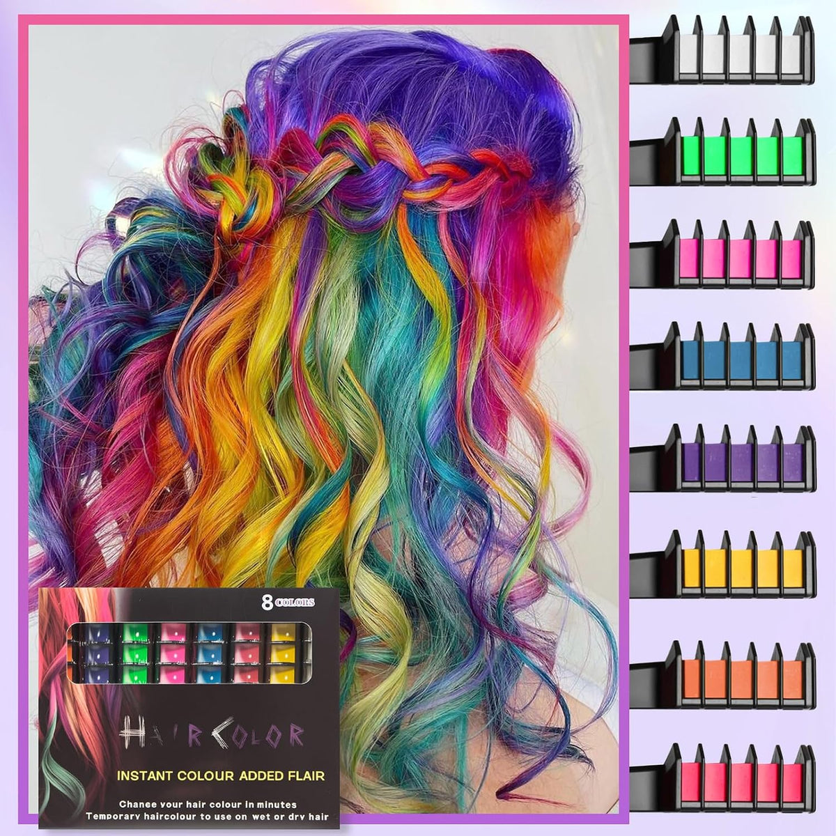 8 Colours Hair Chalk Comb - Temporary Hair Dye - Vibrant Hairstyle For Halloween, Xmas & Birthday Makeup - Convenient, Portable & Washable Colorful Hair Chalks