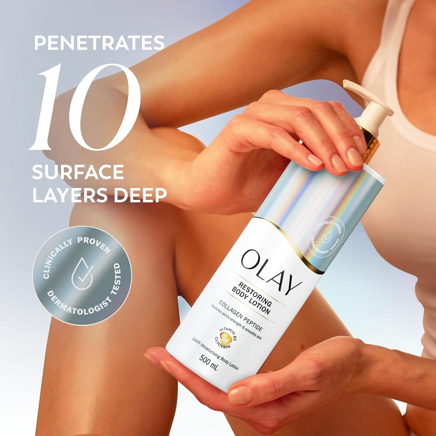 Olay Collagen Peptide Restoring Body Lotion, 24HR Moisturising Cream Body Skin Care, Improves Elasticity, Collagen Peptide Vitamin B3 and Glycerin, Visibly Moisturised Skin, No Greasy Residue, 500ml
