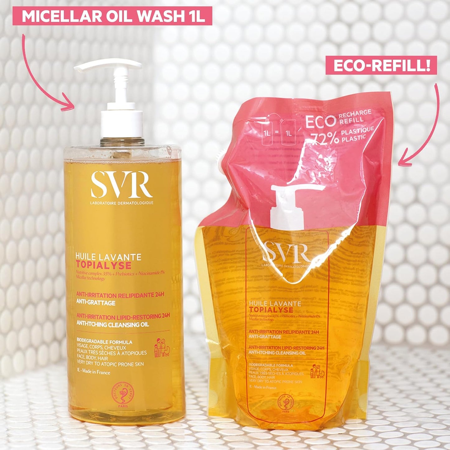 SVR TOPIALYSE All Over Micellar Shower Oil, Moisturising Eczema Body Wash, 24hr Hydration Emulsifying Soothing Bath Oil for Very Dry, Sensitive Skin, from Newborn and Up