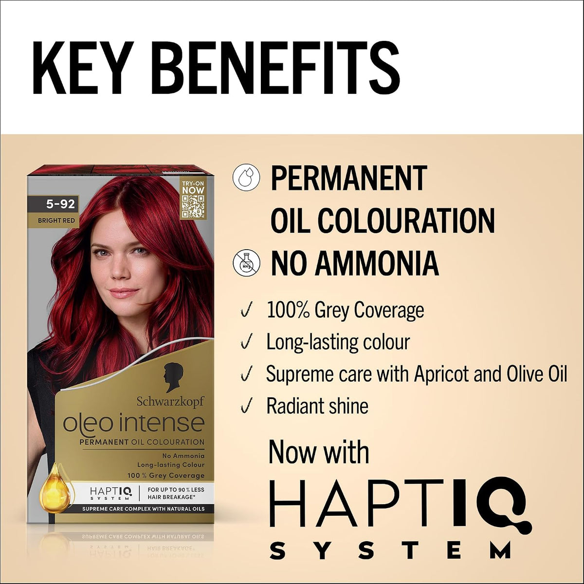 Schwarzkopf Oleo Intense Permanent Hair Colour 5-92 Bright Red | Ammonia Free Oil Hair Dye | 100% Grey Coverage | Long-Lasting Vibrant Red | With HaptIQ System & Caring Oil Mask
