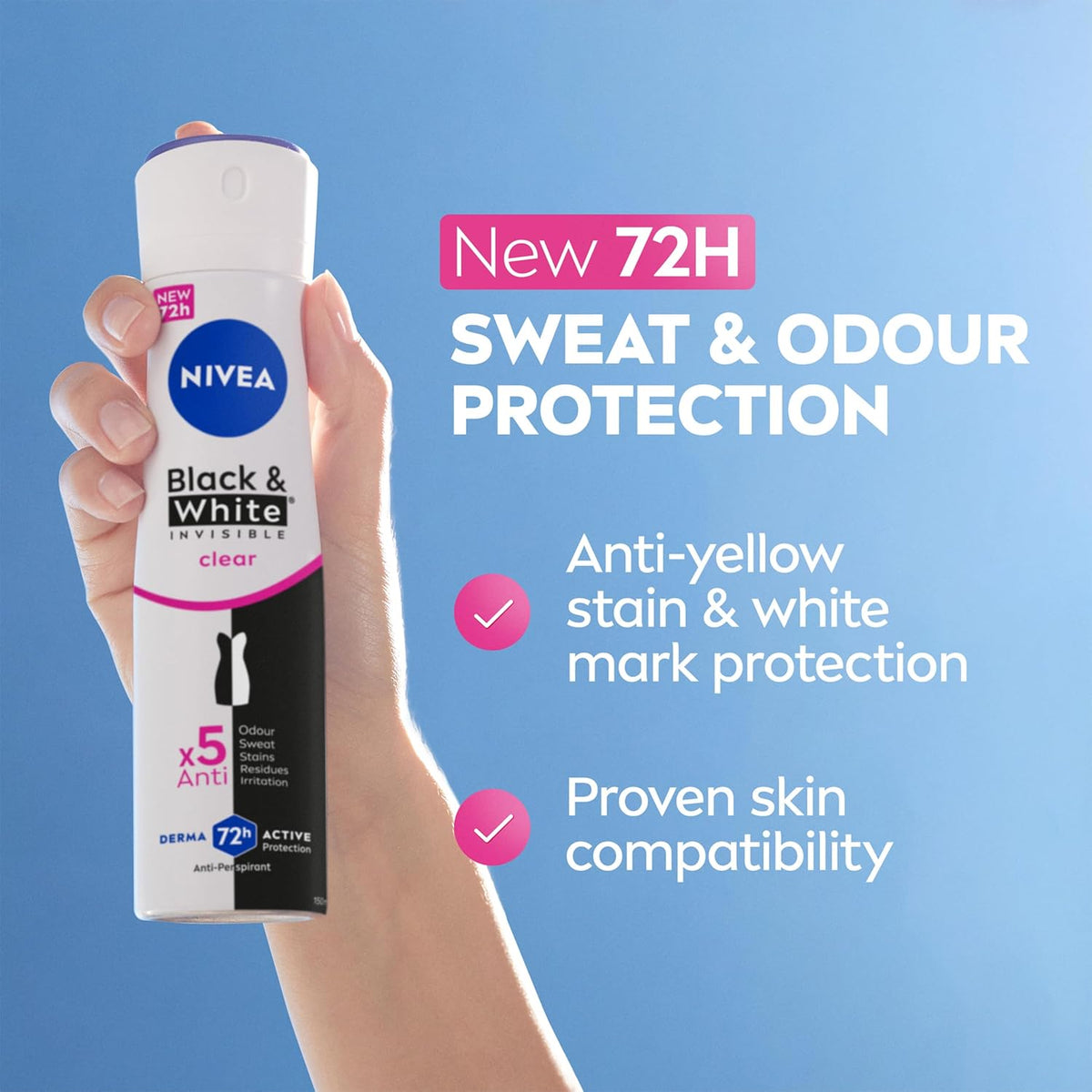 NIVEA Black & White Invisible Anti-Perspirant Spray (150ml), 72hr Anti-Sweat Women's Deodorant Spray, No Stains on Black and White Clothes