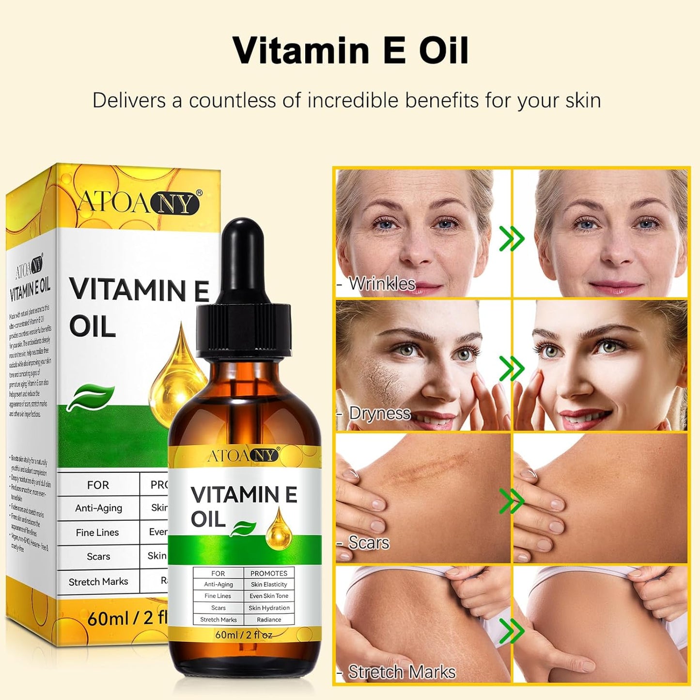 Vitamin E Oil 75,000 IU 60 ml- 100% Pure Vitamin E Oil for Skin, Face, Hair, Body - Natural Antioxidant for Dryness, Wrinkles, Scars & Stretch Marks, Moisturizing and Firming Skin