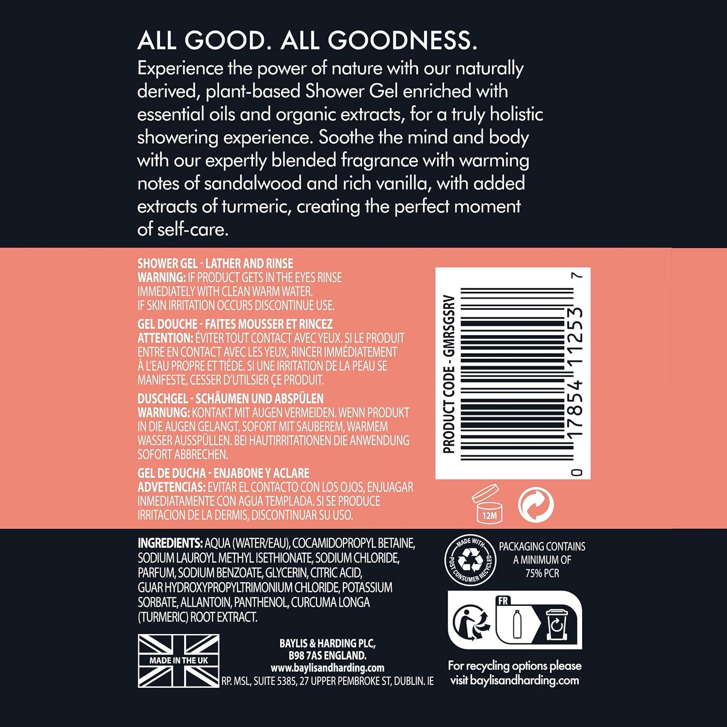 Baylis & Harding Goodness Men's Sandalwood & Vanilla Natural Shower Gel, 500 ml (Pack Of 3) - Vegan Friendly
