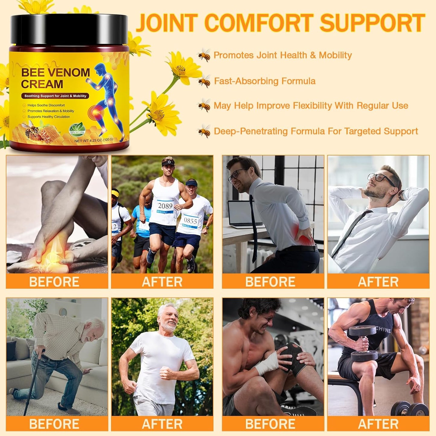 120G Bee Venom Cream Extra Strength for Joint/Muscles Sensation Relief & Recovery & Soothing, Promoting Mobility/Flexibility, Fits for Neck, Back, Legs, Knees, Hands, Feet/Whole Body