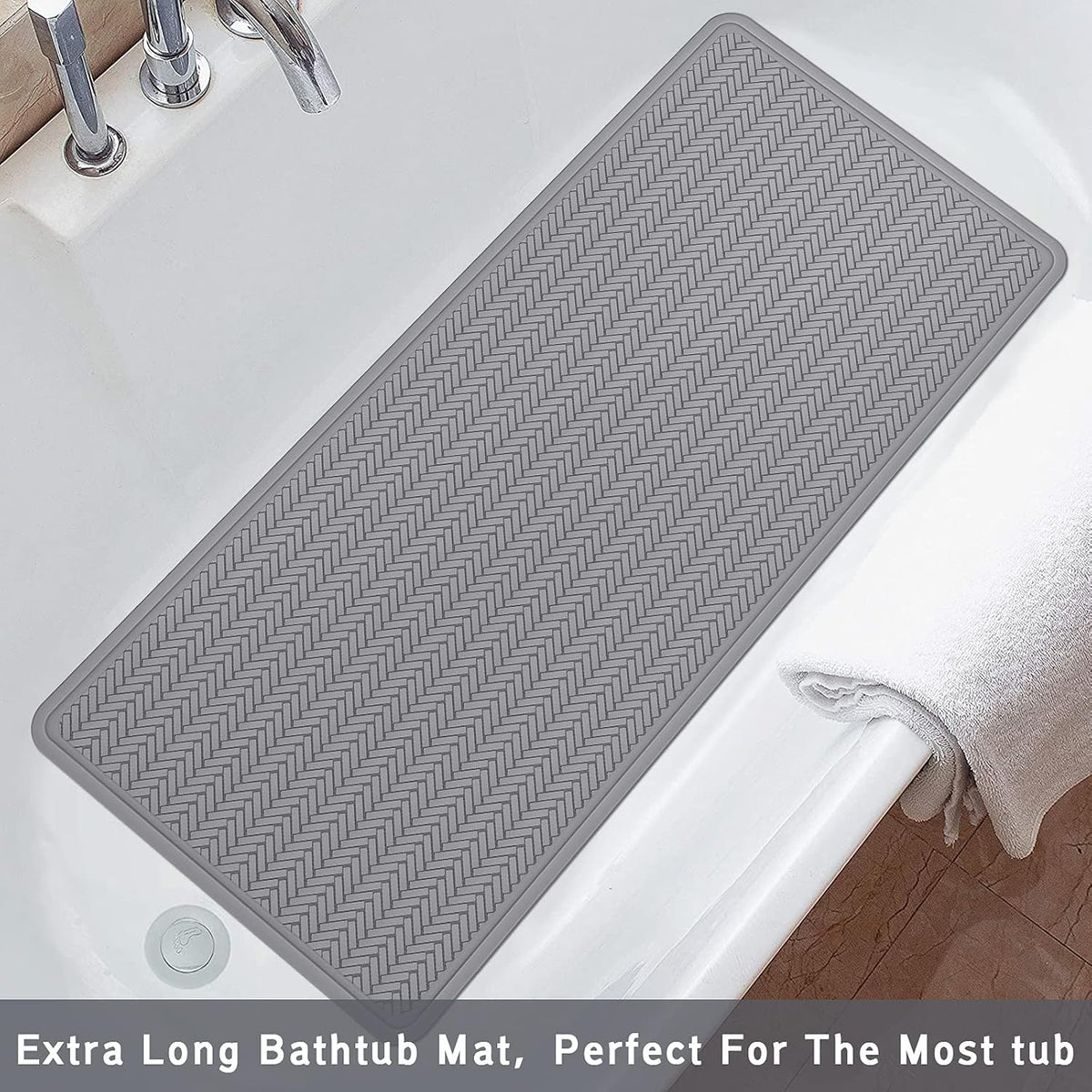 OTHWAY Non Slip Bathtub Mat, Extra Long 43x92 cm Rubber Bath Tub Shower Mat, Soft Mat for Bathroom Tub with Strong Suction Cups (Grey)