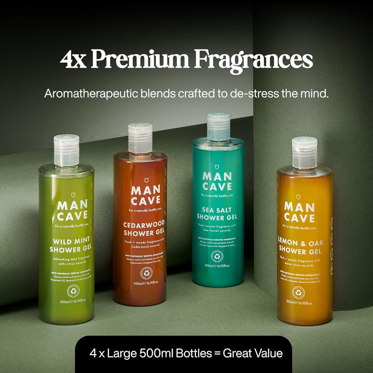 Mancave Men's Ultra-Premium Shower Gel Fragrance Gift Set, 4 x 500ml Natural Sulphate Free Shower Gels: Wild Mint, Lemon & Oak, Cedarwood and Sea Salt fragrances, Vegan Friendly, Packaging May Vary