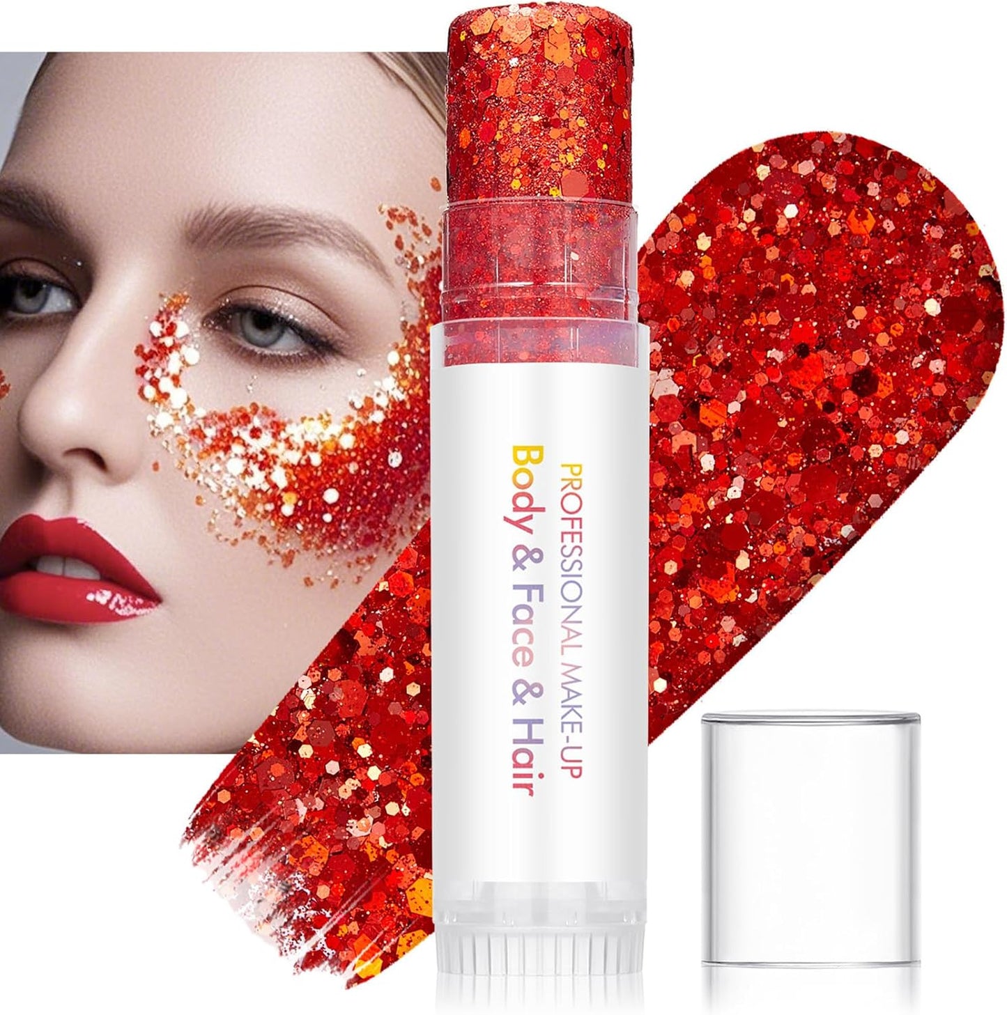 Ruby Red Chunky Glitter Stick – Shimmer for Face Body and Hair, Waterproof Long Lasting Sparkle Highlighter, Easy Glide Festival Makeup for Women – Perfect for Party Rave Halloween Christmas