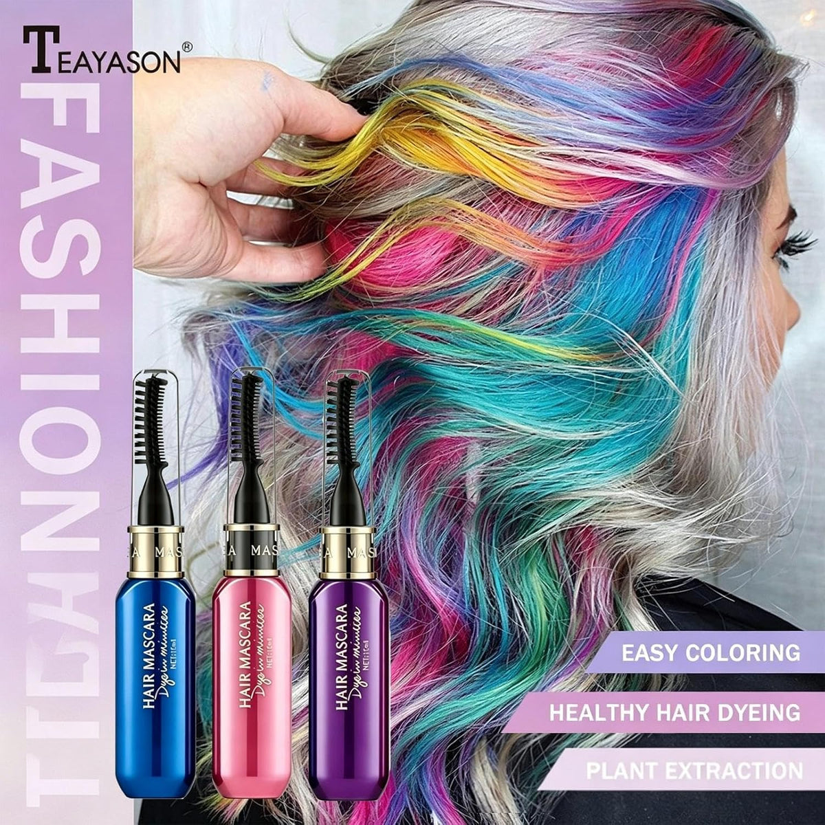 Kids Hair Chalk Set – 3Pcs Temporary Hair Color Spray, Mascara & Hairspray | Temporary hair colour set in blue, purple & pink. 3-in-1 spray, mascara & hairspray. Washable for parties & dress-up play.