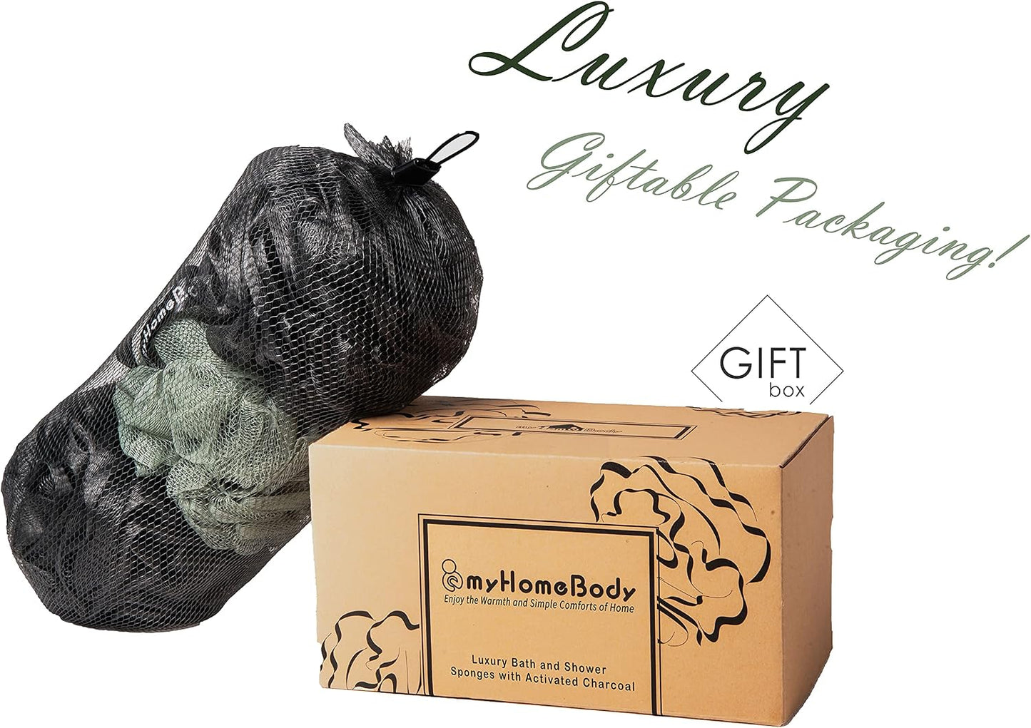 myHomeBody Large 70g Loofah Sponge, Bath Body Scrubber for Women, Men, Exfoliating Shower Pouf with Activated Charcoal - 2 Graphite Gray + 1 Sage Green, 3 Pack