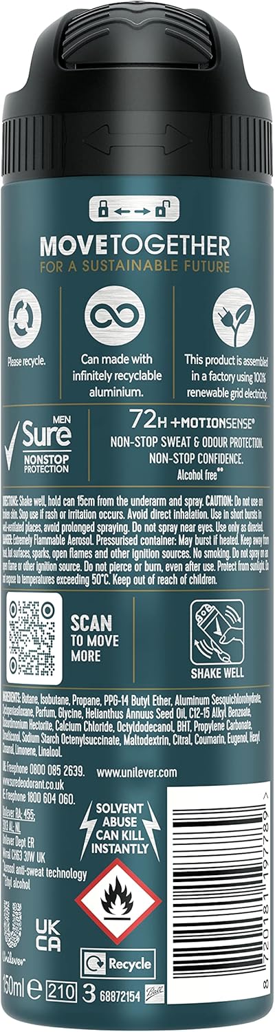 Sure Men Sport Cool Nonstop Protection Anti-perspirant Deodorant Aerosol MotionSense technology anti-perspirant deodorant spray 72h protection against sweat and odour 150 ml (Pack of 3)