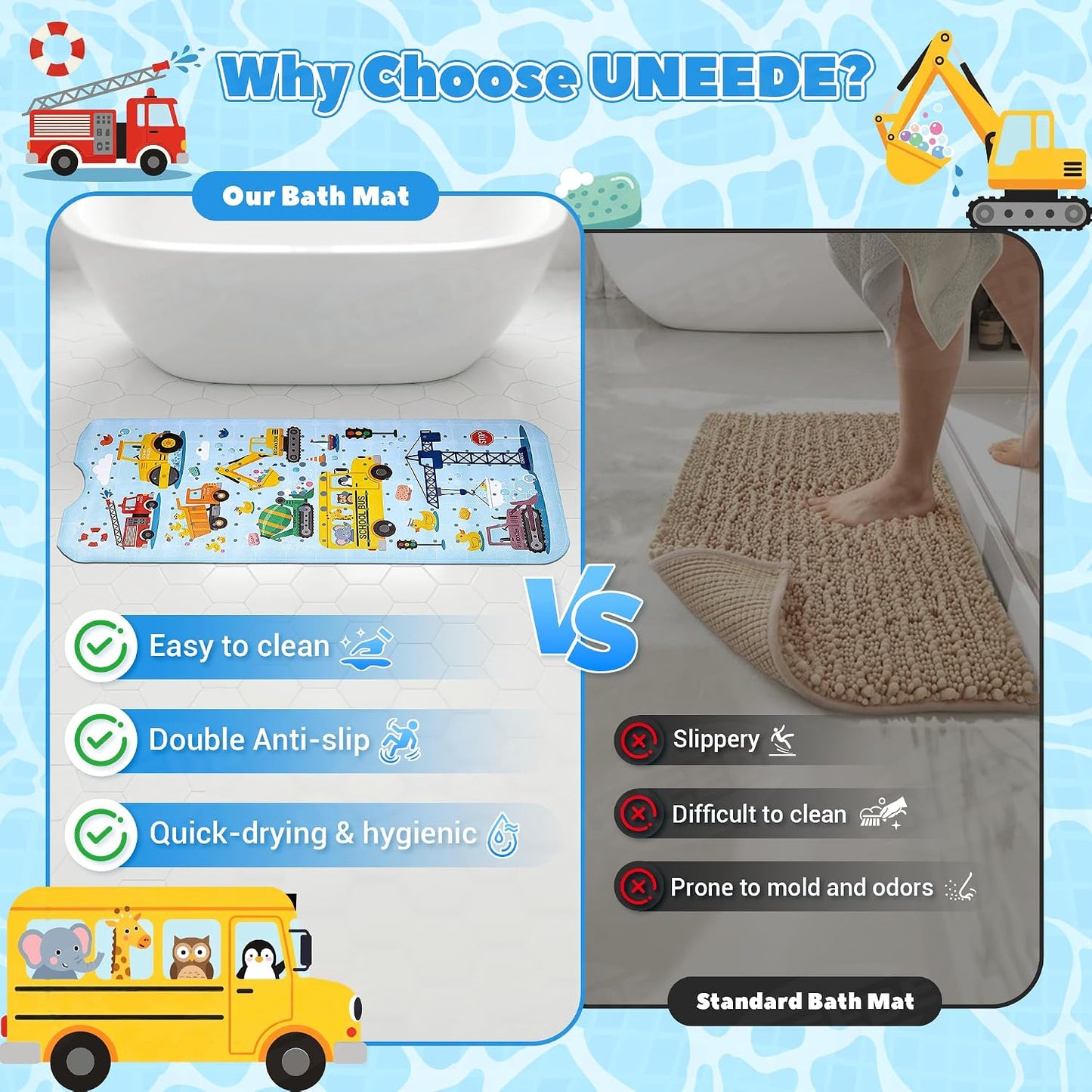 UNEEDE Baby Bath Mat Non Slip - 100x40cm Extra Long Kids Bathtub Mat with 200+ Suction Cups, Construction Vehicles Excavator Pattern, Soft Shower Mat for Toddlers & Boys, Blue