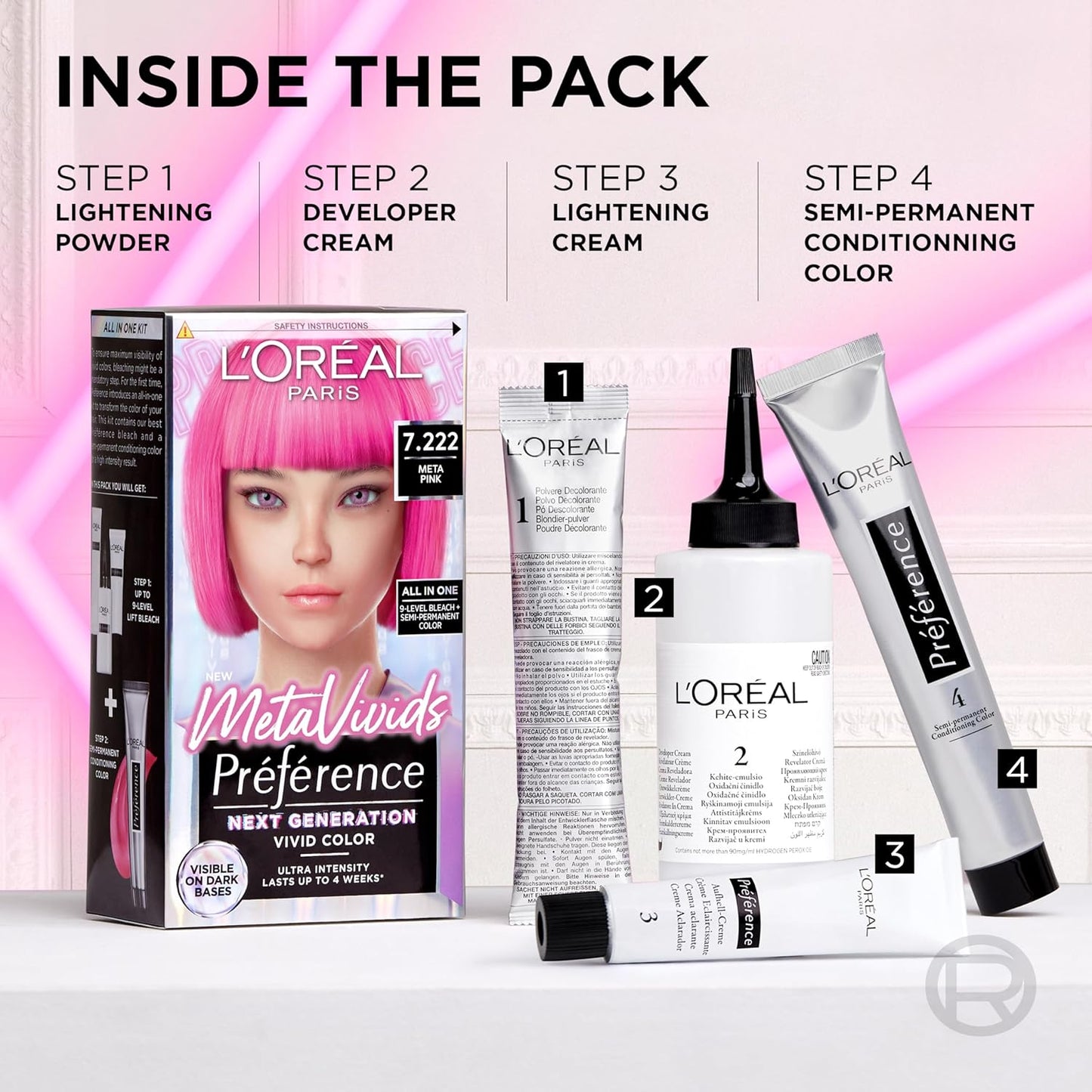 Preference Meta Vivids 7.222 Meta Pink: Permanent hair dye for vibrant, long-lasting, captivating colour. Achieve bold meta pink shades with remarkable intensity and luminous, fade-resistant finish.