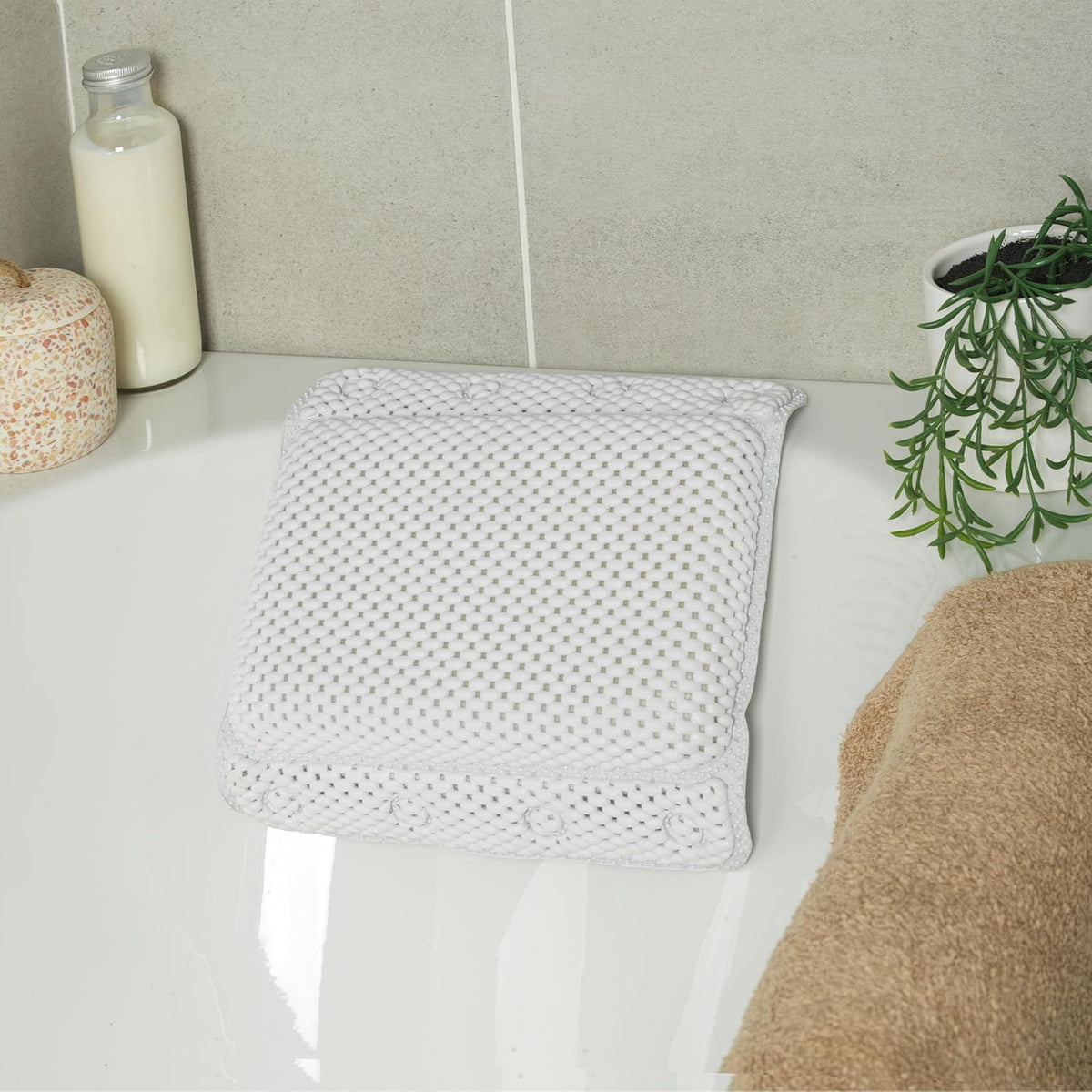 Beldray Anti Bac Bath Pillow - Easy to Clean, Secure Suction Cups, Relaxing Cushioned Design, Stylish, Treated with Thiabendazole & Zinc Pyrithione, Supports Head & Neck While Bathing