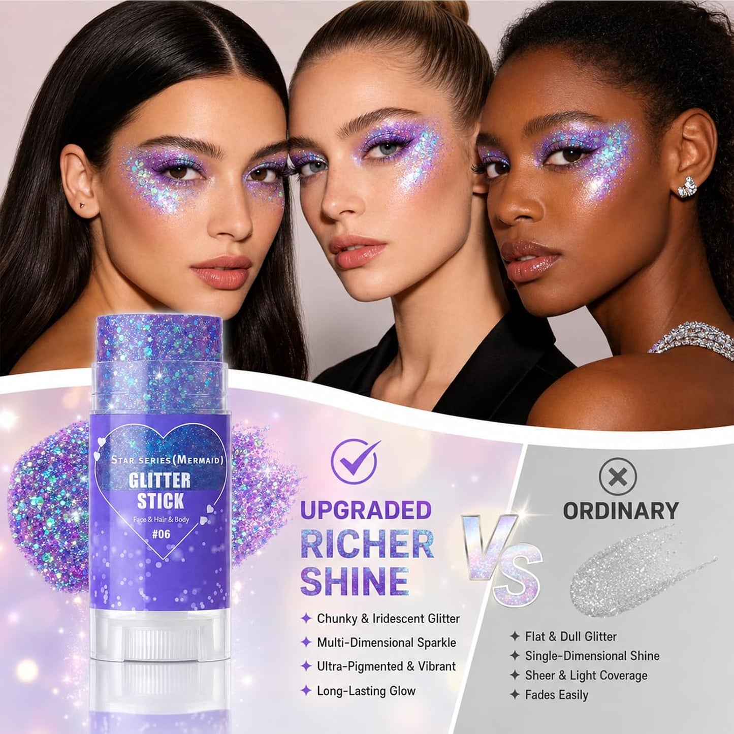 Mermaid Body Glitter Stick, Purple Sparkly Hair Face Glitter Gel Makeup for Women, Holographic Mermaid Glitters Face Paint Stick for Lip, Nail Festival Essentials Halloween Rave Outfit Accessories