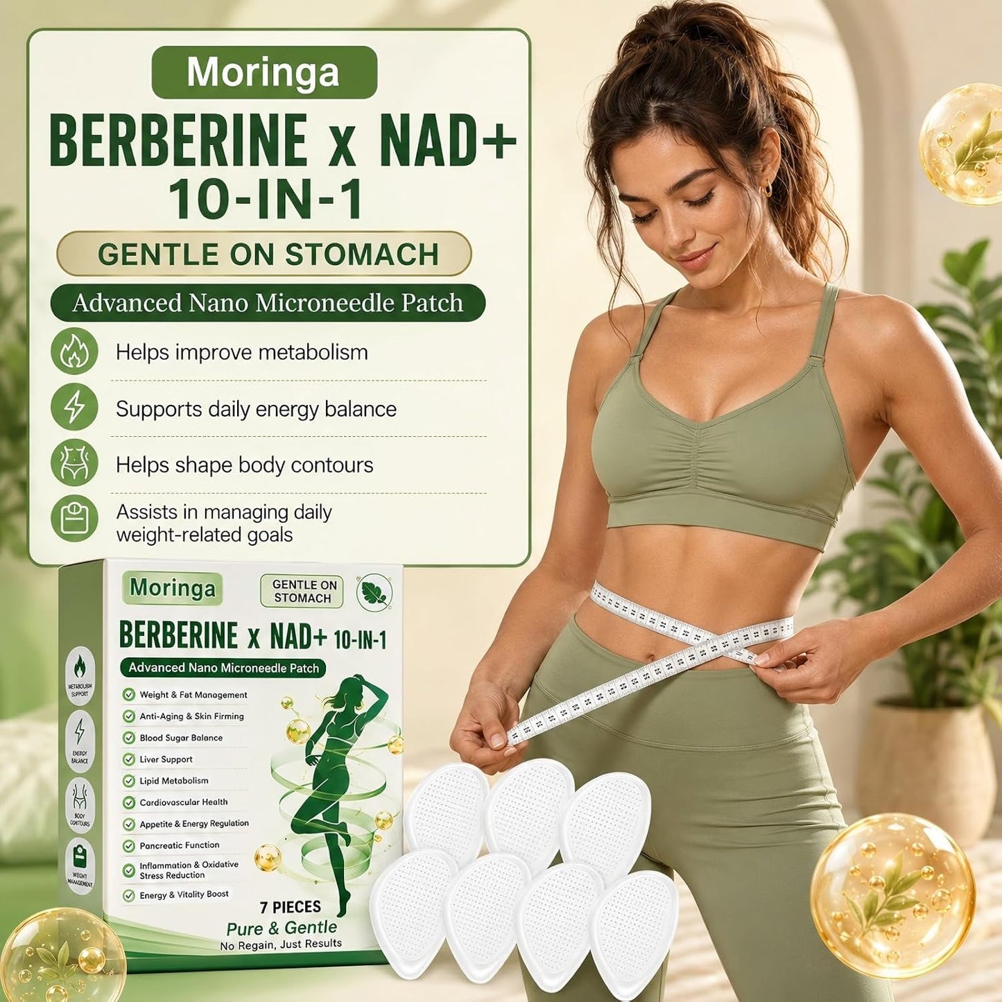 Moringa Berberine Patch – 10-in-1 Nano Microdart Technology, Advanced Herbal Skin Patch for Men & Women, Soft & Non-Irritating Formula (1 Box)