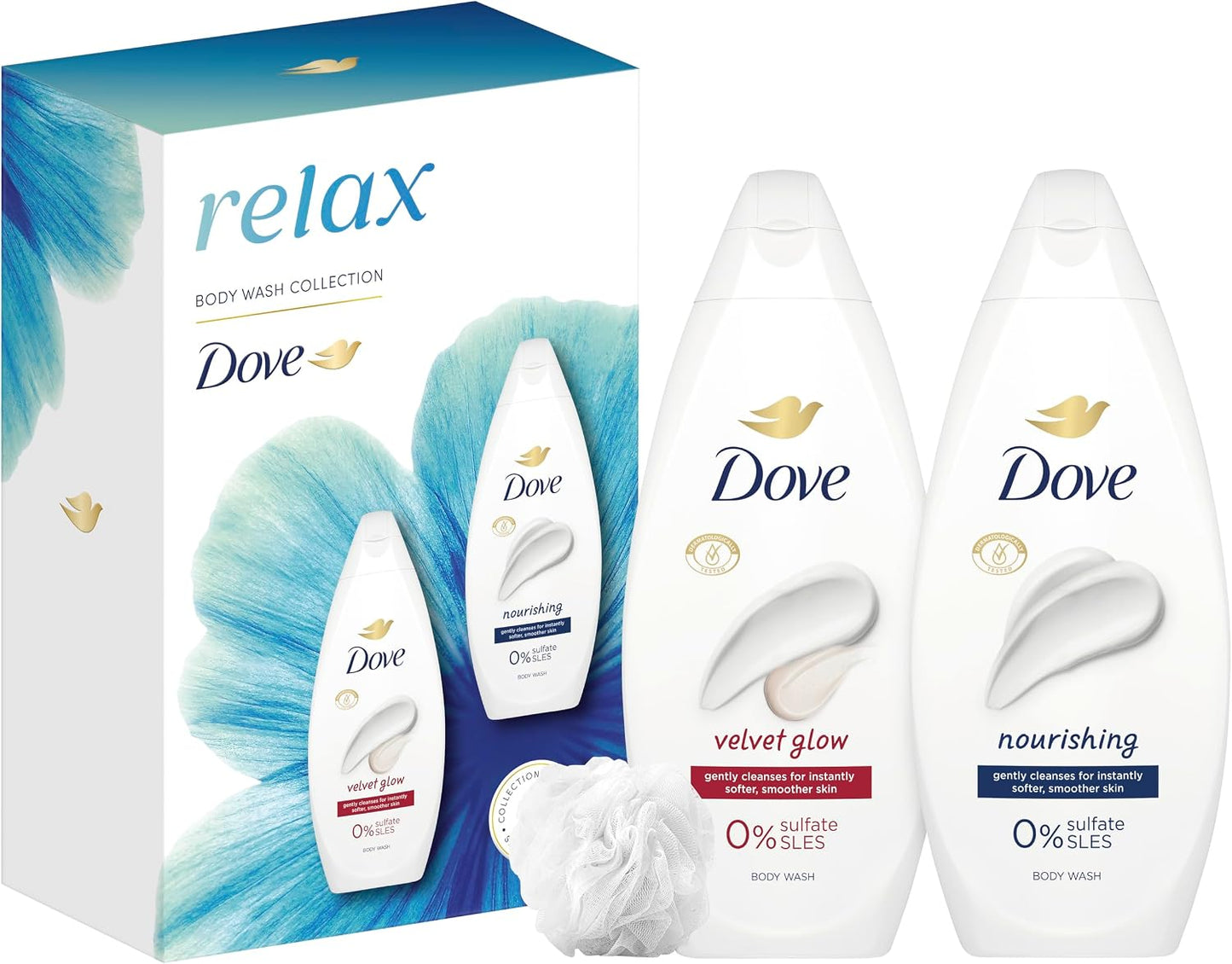 Dove Relax Duo Gift Set Body Wash Collection with a shower puff perfect gifts for her 2 piece