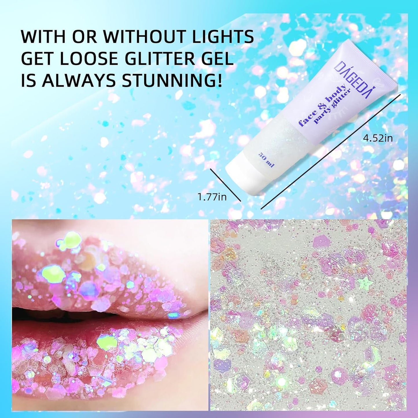 Prreal Body Glitter Gel 50ml, Face Glitters Body Gel Sequins Shimmer Liquid Eyeshadow, Chunky Glitter for Face Hair Nails, Holographic Cosmetic Laser Powder Festival Glitter Makeup#White