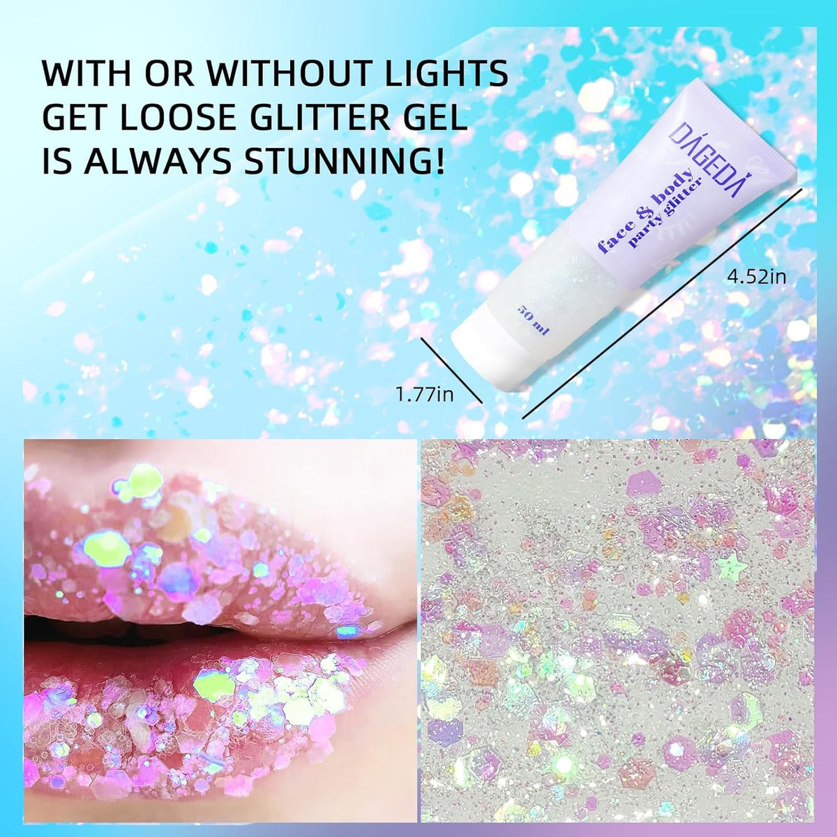 Prreal Body Glitter Gel 50ml, Face Glitters Body Gel Sequins Shimmer Liquid Eyeshadow, Chunky Glitter for Face Hair Nails, Holographic Cosmetic Laser Powder Festival Glitter Makeup#White