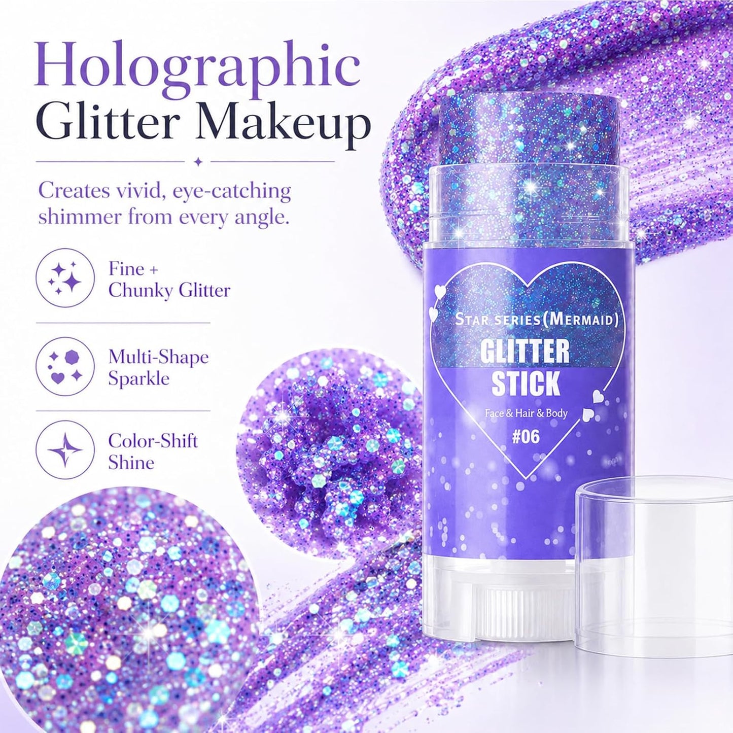 Mermaid Body Glitter Stick, Purple Sparkly Hair Face Glitter Gel Makeup for Women, Holographic Mermaid Glitters Face Paint Stick for Lip, Nail Festival Essentials Halloween Rave Outfit Accessories