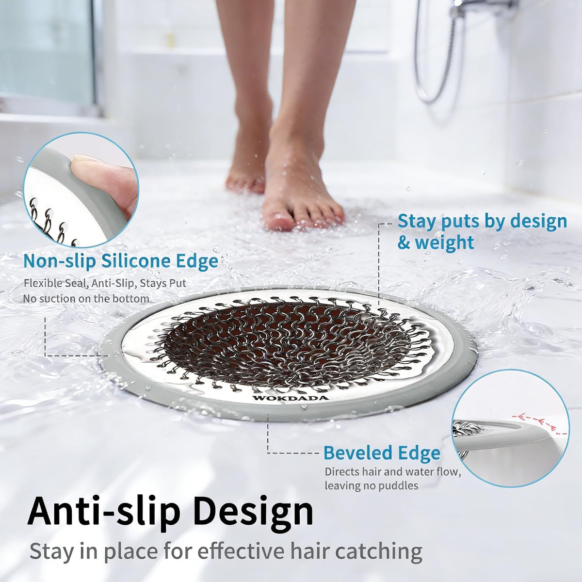 WOKDADA Shower Drain Hair Catcher, Non-Slip Shower Drain Cover, Anti-Clogging Stainless Steel Drain Protector, Bathroom Accessory for UK Standard Flat Drains of Bathroom (Patented Product)