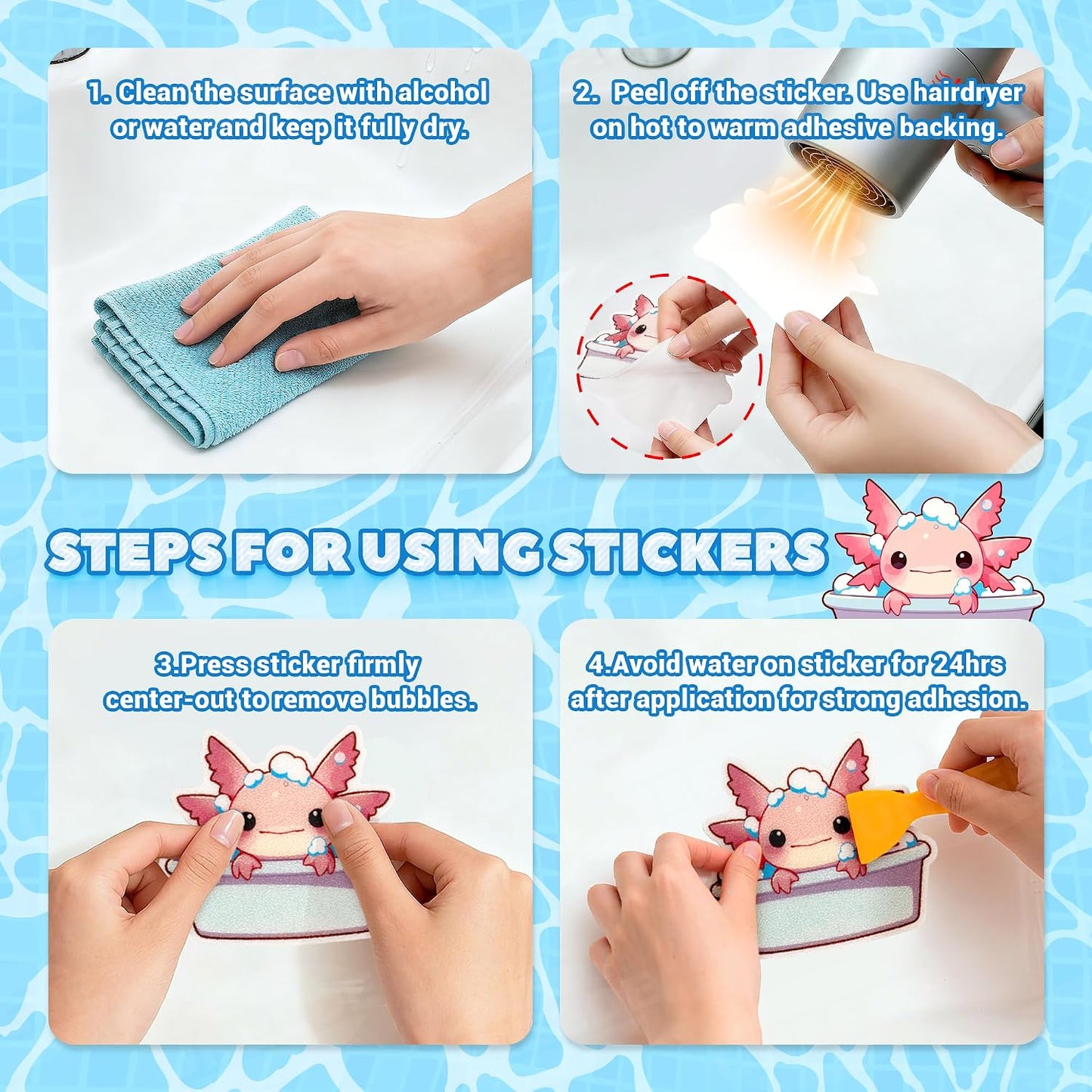 UNEEDE Bathtub Non Slip Stickers, 17-Pack Cute Axolotl, Duck, Capybara, Frog Decals, Shower Floor Non Slip Stickers, Textured Surface Anti Slip Shower Stickers, Safety Grip with Premium Scraper