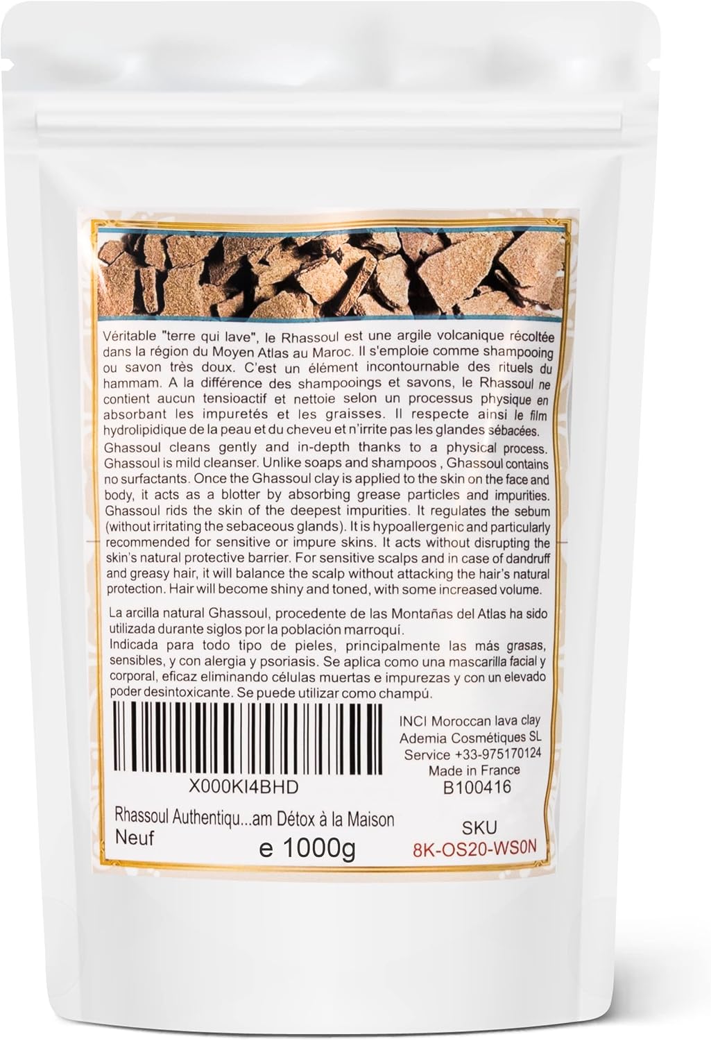 Pure & 100% Natural Organic Ghassoul. Moroccan Volcanic Lava for Skin Care (Face and Body) and Hair Care (Natural Shampoo) Moroccan Rhassoul Clay - 1000 g 1 kg