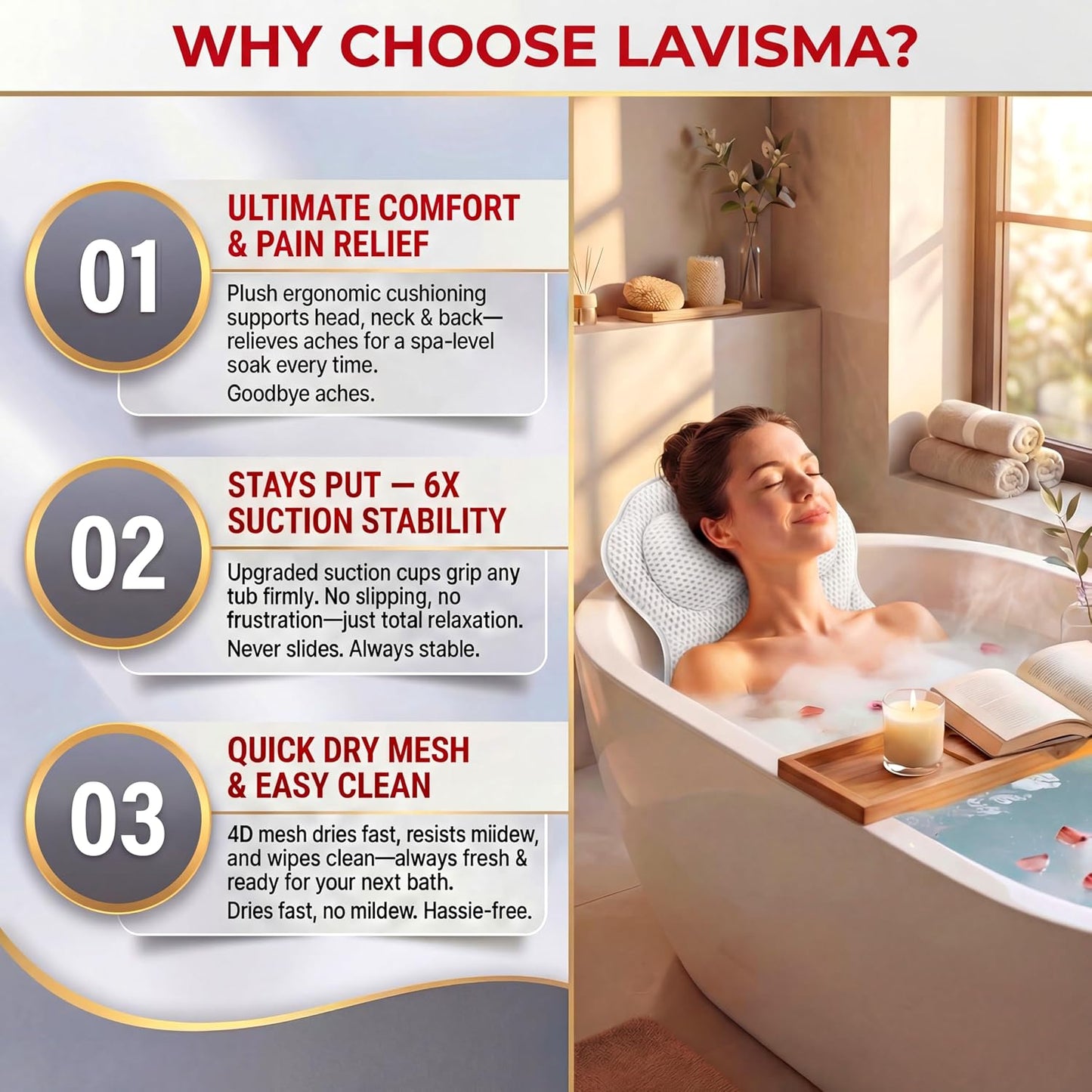 Bath Pillow LAVISMA Ergonomic Bathtub Cushion with 4D Breathable Mesh, Head, Neck, Shoulder & Back Support, 6 Strong Suction Cups, Quick Dry Spa Pillow for Bathtub Jacuzzi Hot Tub - White