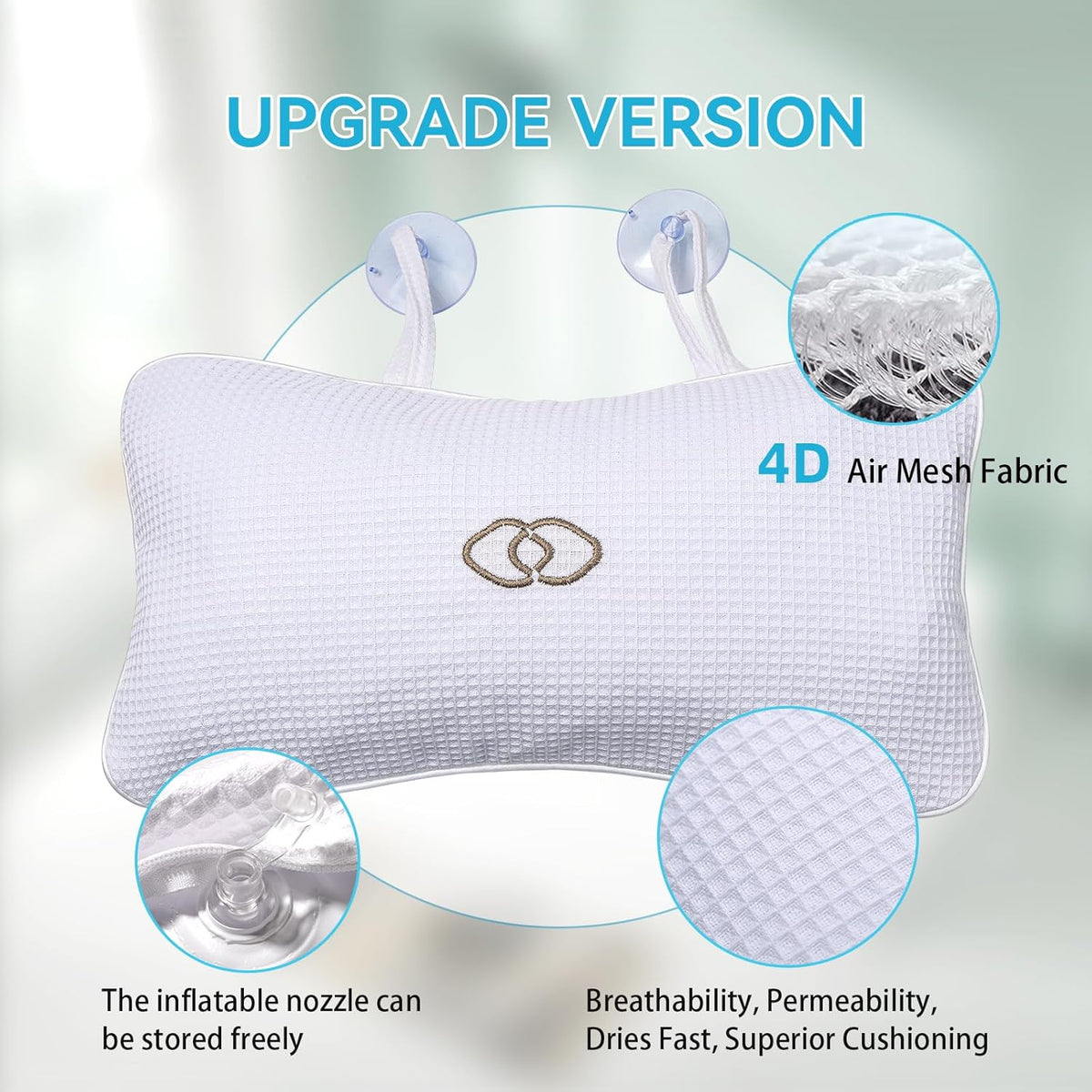 YUET Anti-slip Non-Slip Bathtub Pillow Home Spa Bath Inflatable Cushion Head Neck Back Shoulders Rest Relax Suction Cup Bathroom Support for Hot Tub Luxurious Headrest