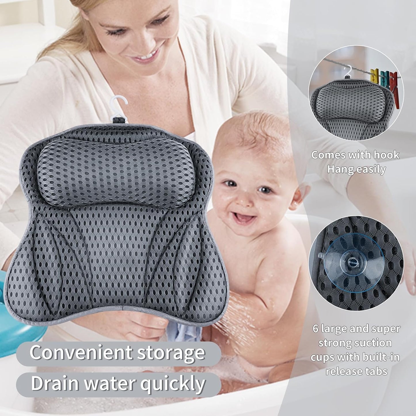 Bath Cushion, Shodiffy Bath Cushion 4D Mesh Headrest with 6 Non-Slip Suction Cups Can Support Head, Neck, Back, Bathtub, Home Spa (Grey) (Grey)