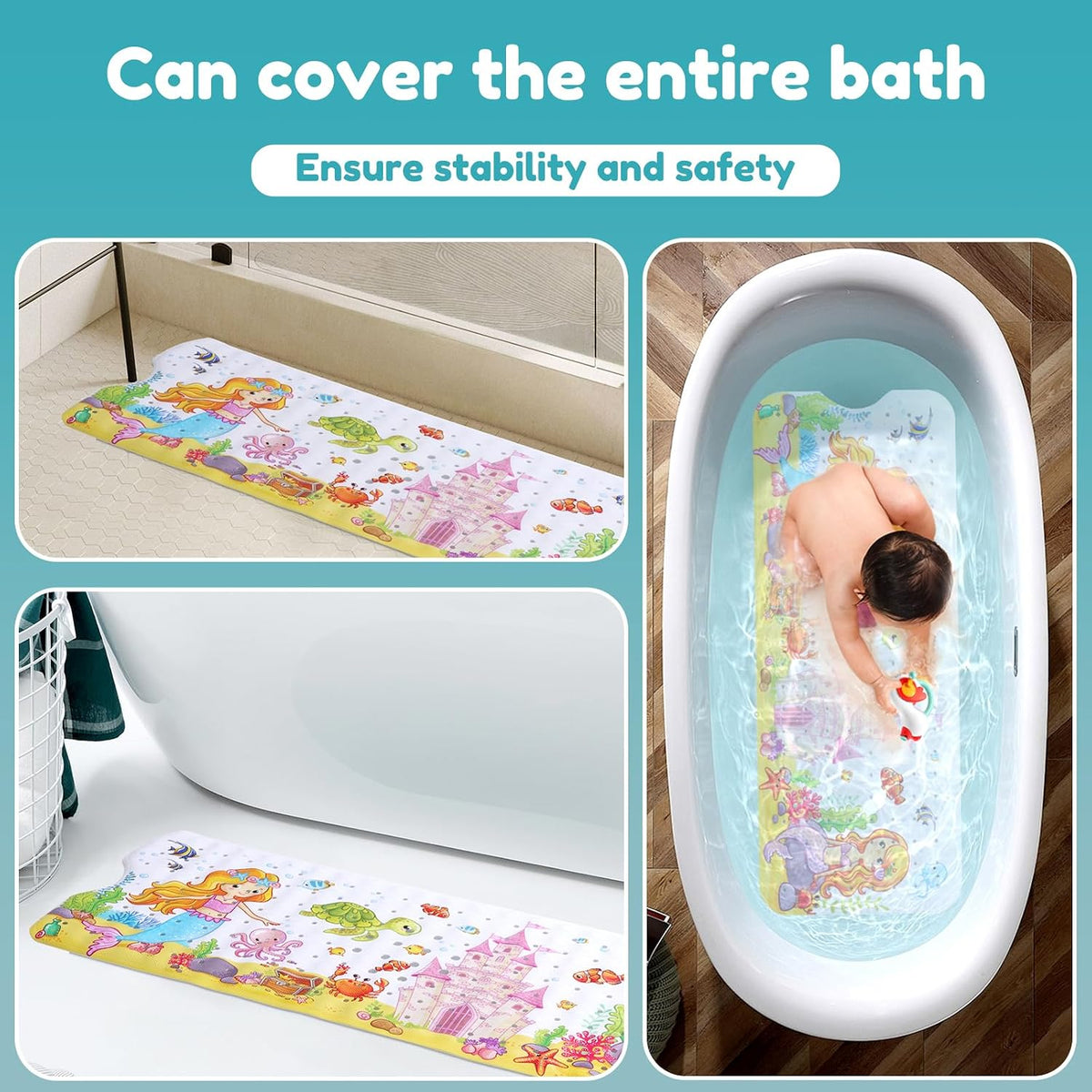 Kids Bath Mat Non Slip Shower Mat, 100x40cm Extra Long Cartoon Baby Bathtub Mats Anti Mould Shower Tub Mats with Suction Cups Machine Washable Bathtub Pad for Baby Children Elderly(Style2)