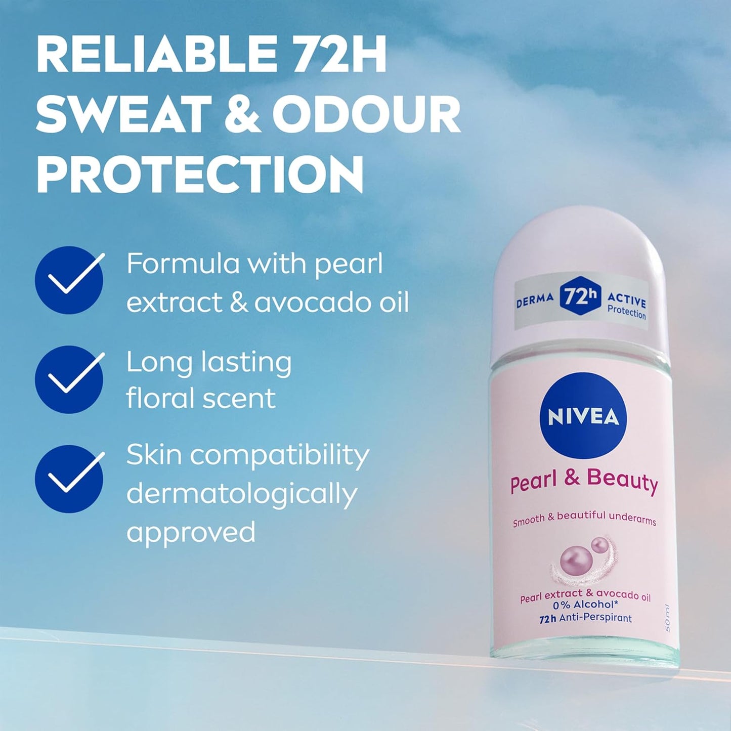NIVEA Pearl & Beauty Anti-Perspirant Deodorant Roll On (6 x 50ml), Roll On Deodorant for Women with 72H Sweat and Odour Protection, Women's Anti-Perspirant with Pearl Extracts (Pack of 6)