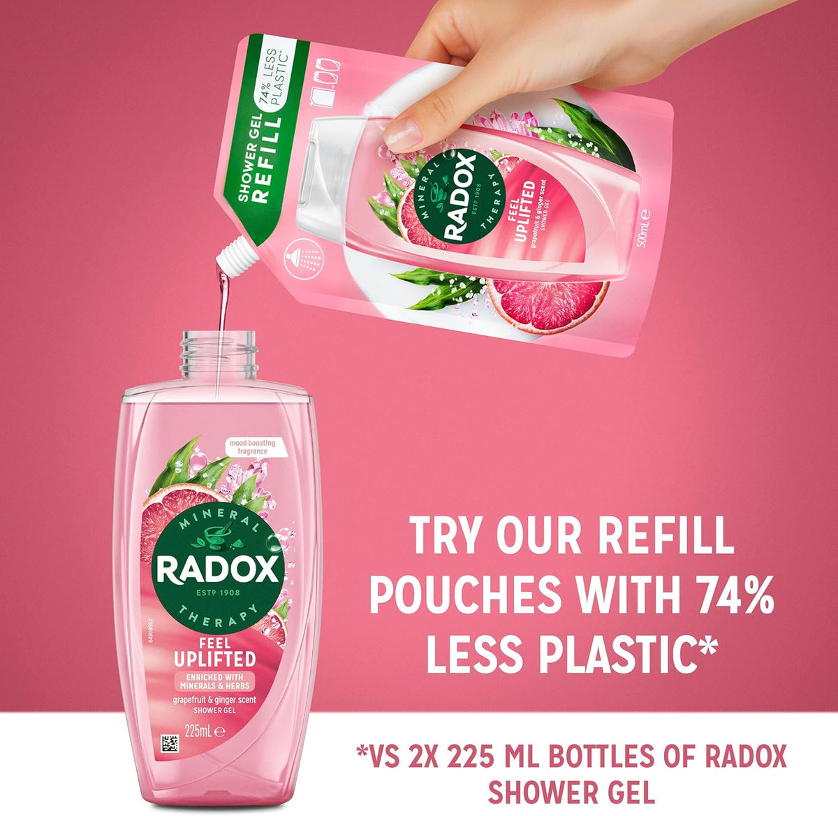 Radox Mineral Therapy Feel Uplifted Body Wash Shower Gel uniquely blended with herbs, minerals, and a grapefruit & ginger fragrance for an uplifting experience 225 ml, Pack of 6