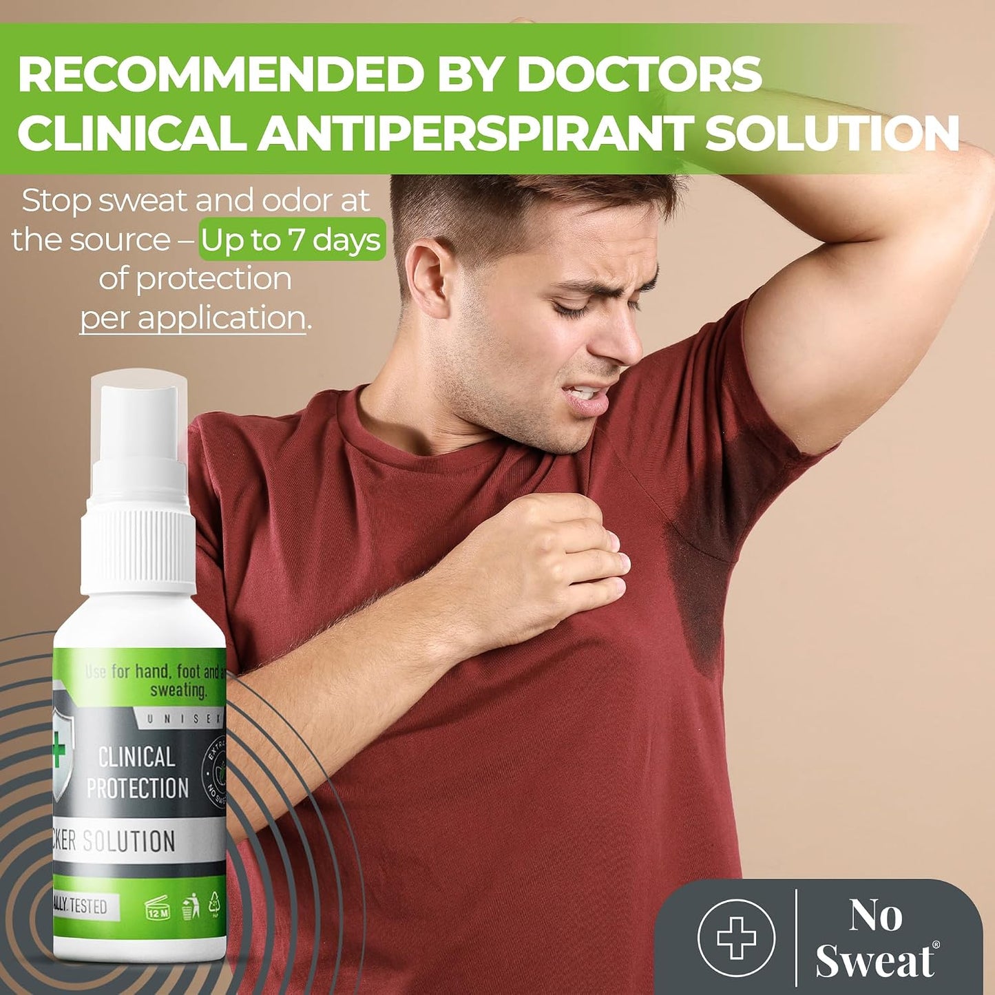 No Sweat Maximum Strength Clinical Antiperspirant Spray, Strong Deodorant for Excessive Sweating & Hyperhidrosis Treatment, Lasts up to 7 Days-50 ML - Packing May Vary