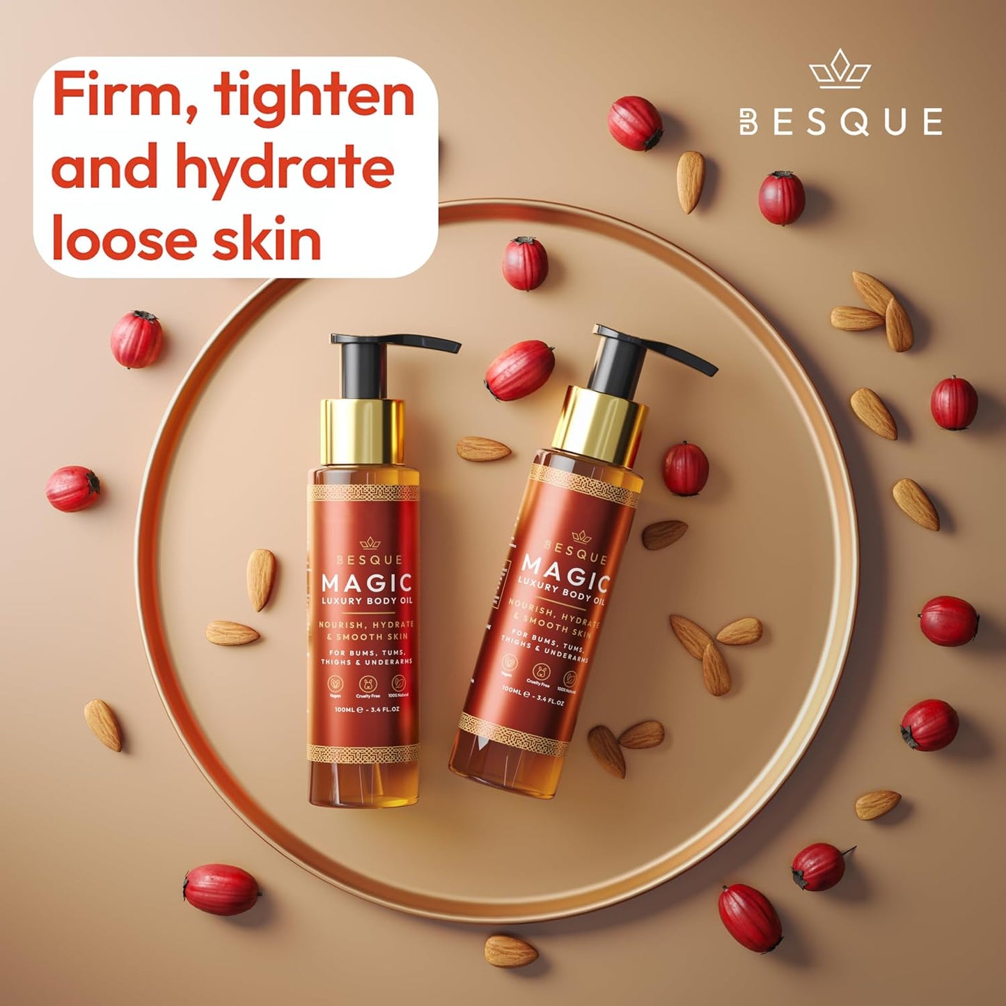 Besque Magic Body Oil, 100ml, After Shower Body Oil For Women, Hydrating Skin Care For Full Body That Plumps, Tightens, and Firms Skin With Natural Ingredients, Made In UK