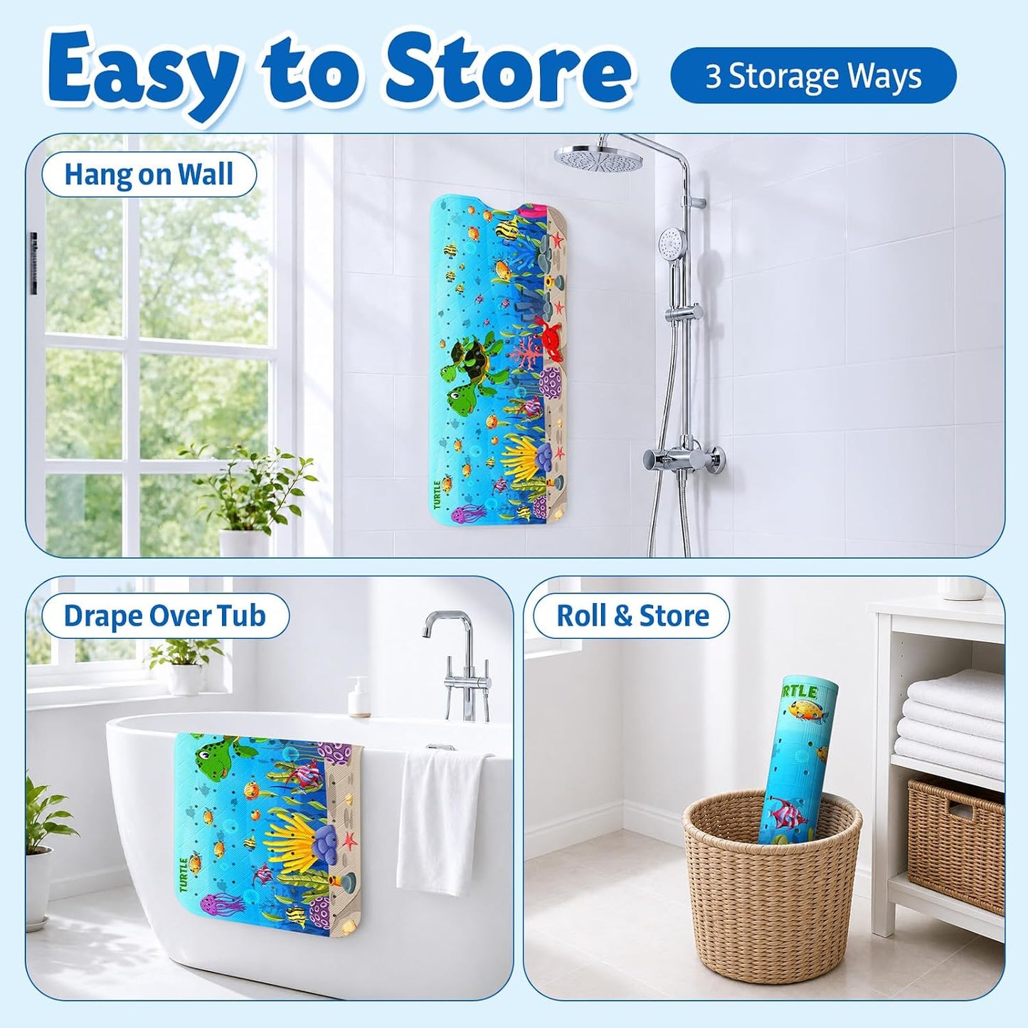 XIYUNTE Baby Bath Mats Non Slip Anti Mould - 100x40cm Extra Long Non Slip Bath Mat for Kids, Eco-Friendly Toddler Bath Mat with Suction Cups for Secure Grip, Easy to Clean & Easy Drying, Sea Turtle