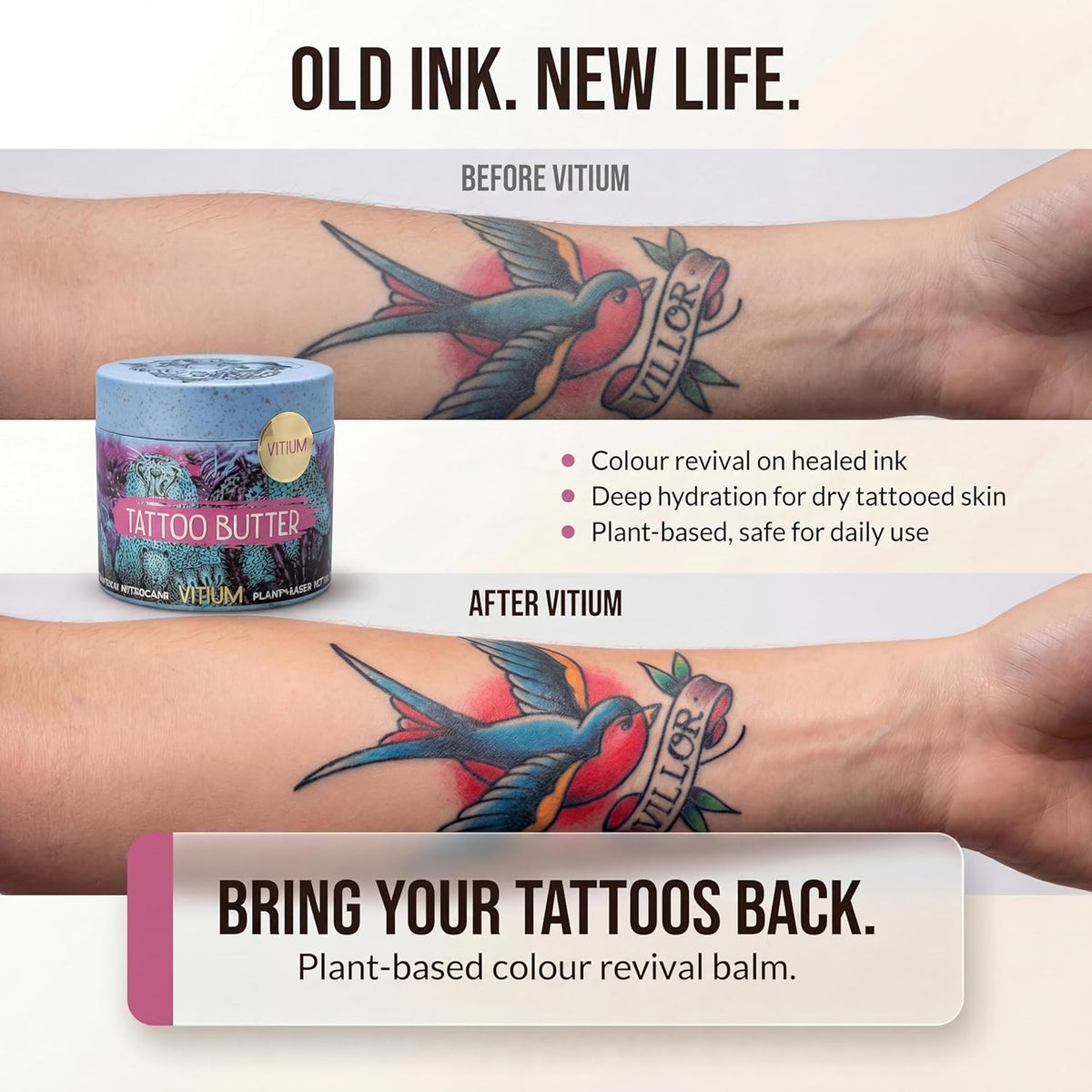 VITIUM Tattoo Butter 100ml, Vegan Aftercare Balm for New & Healed Tattoos