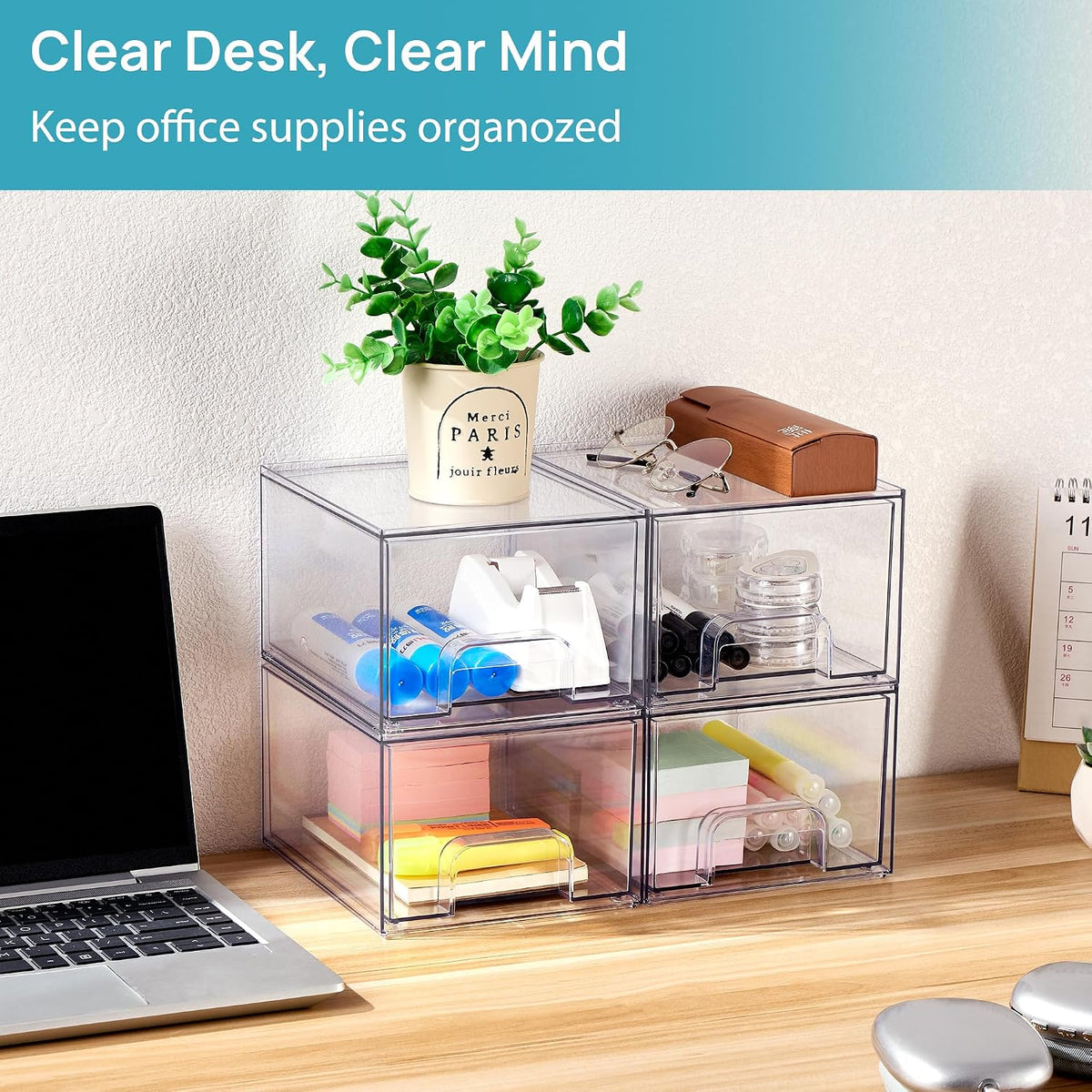Vtopmart 4 Pack Clear Makeup Organiser, Acrylic Small Stackable Storage Drawers, Plastic Storage Box For Vanity, Bathroom, Under Sink, Kitchen Cupboard, Pantry, Home Organization