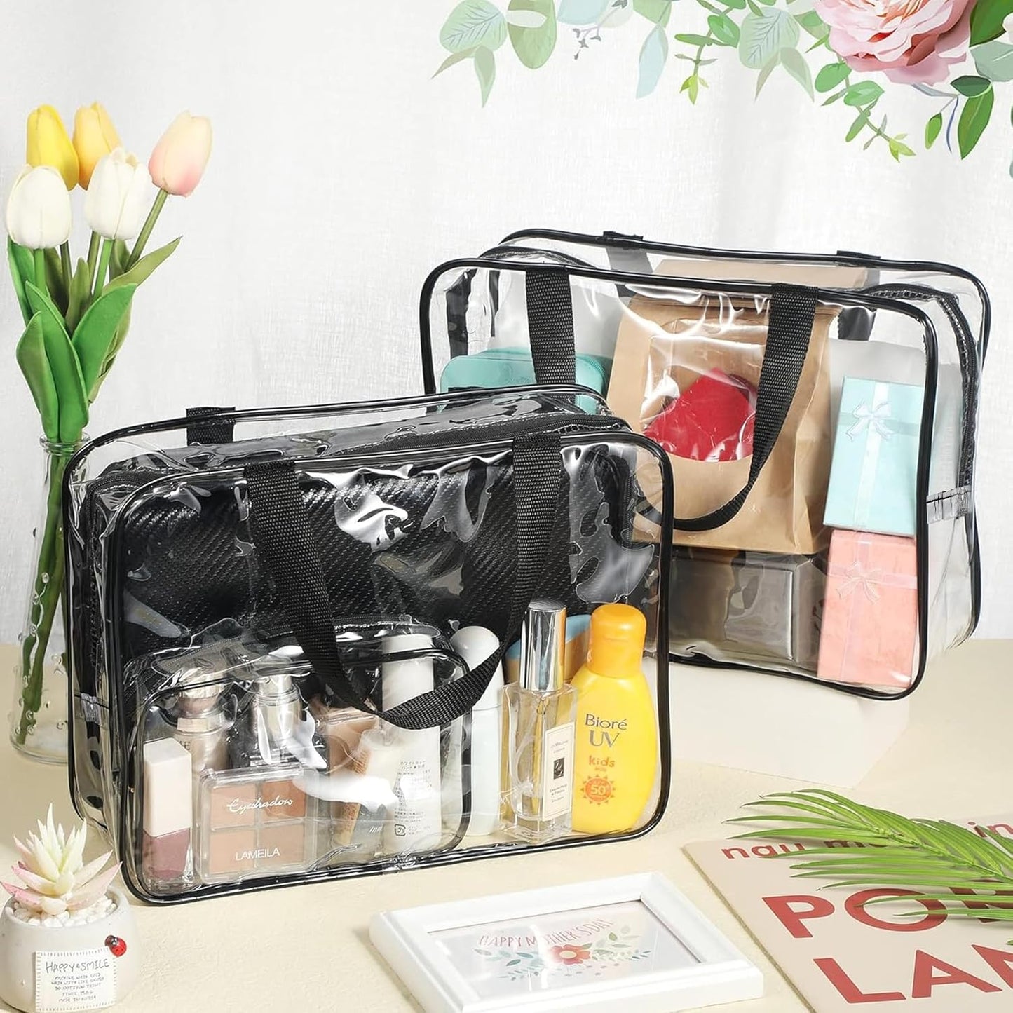 Clear Wash Bag for Toiletries, Large Clear Travel Toiletries Bag Thickened PVC Waterproof Makeup Bags with Handles Travel Wash Bag with Zippers for Women Girls Men