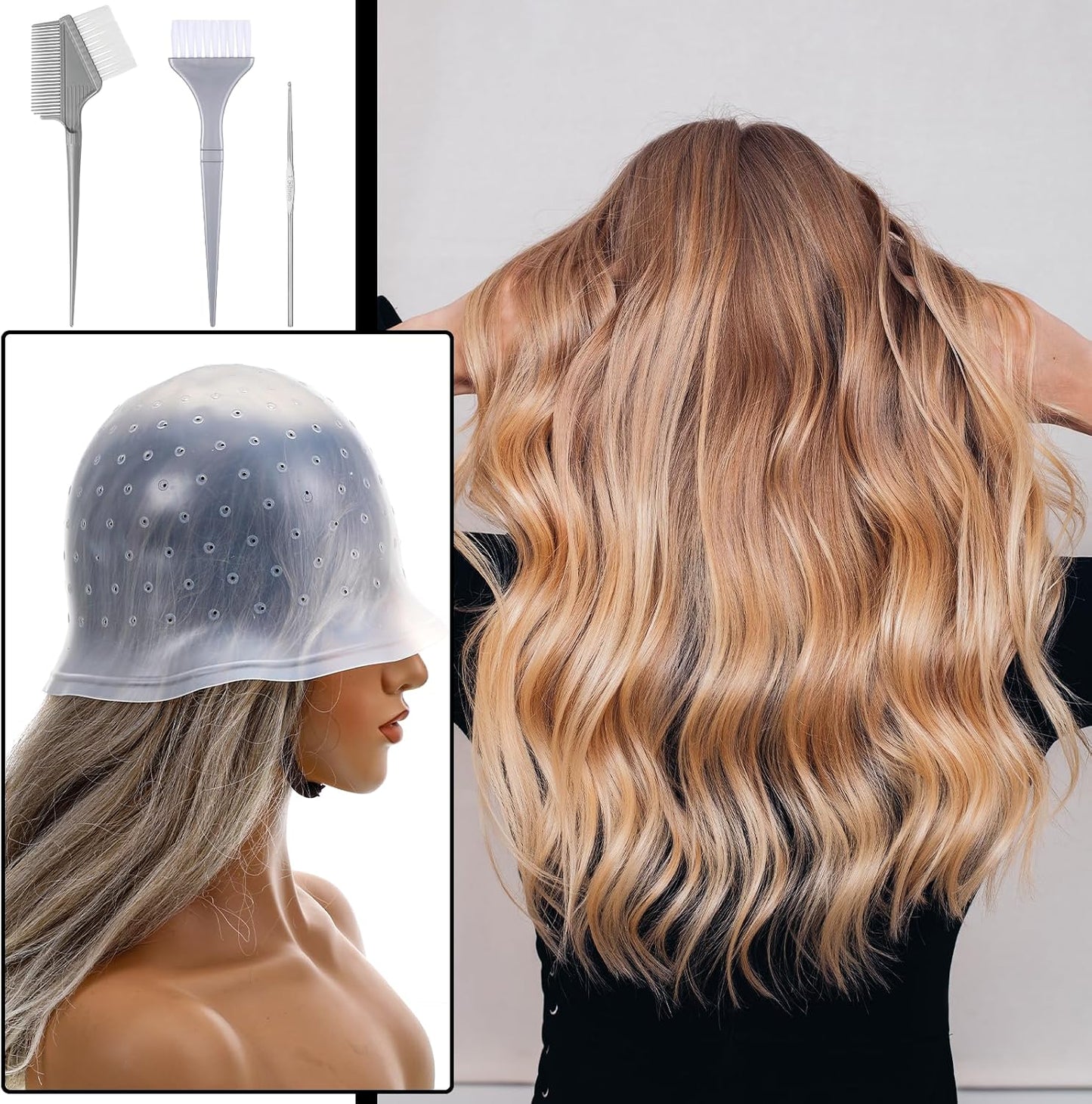 TIESOME Silicone Highlighting Cap with Needles & Brushes, Reusable Punched Hair Cap for Salon & Home Hair Coloring (with 3 Tools Set)