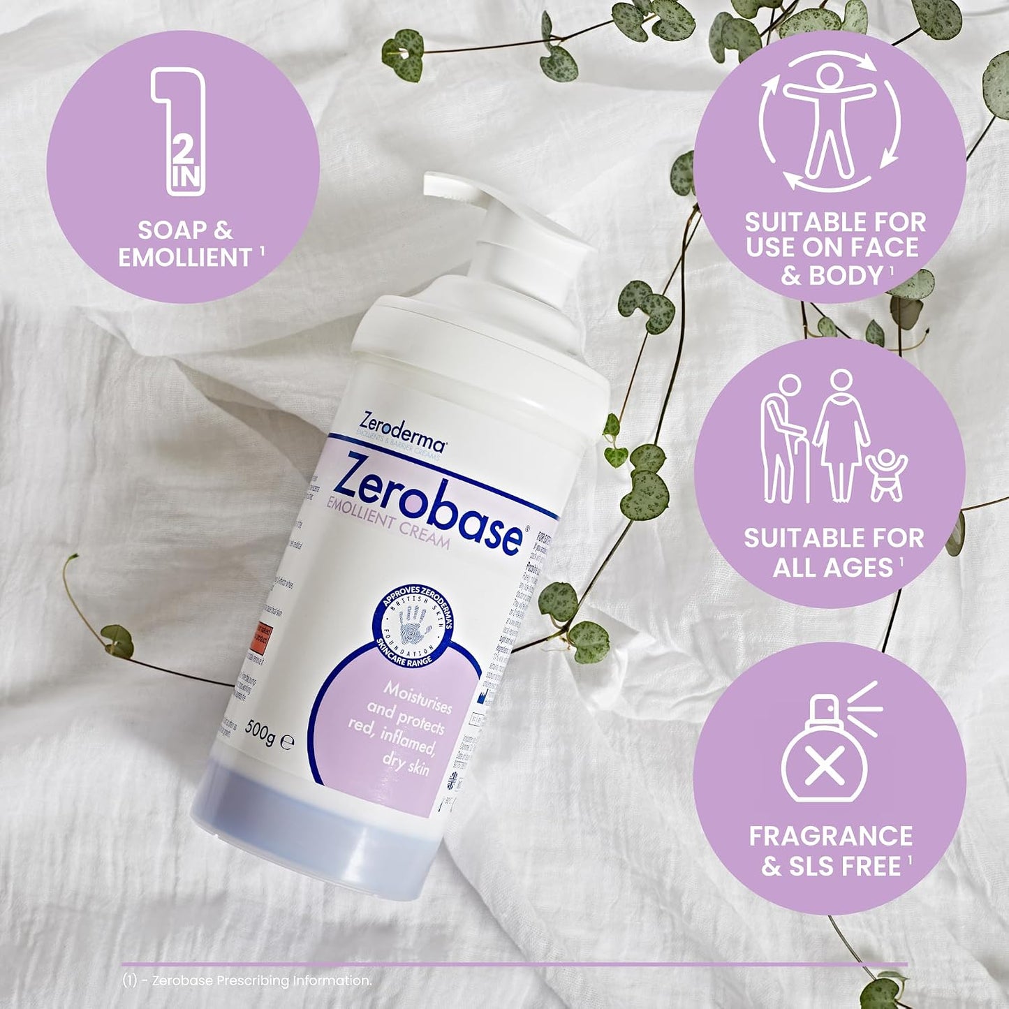 Zeroderma Zerobase Emollient Cream 2-in-1 Moisturiser & Soap Substitute, for Dry & Eczema-Prone Skin, Restores Skin Barrier, 21 percent w/w Paraffins, 500g